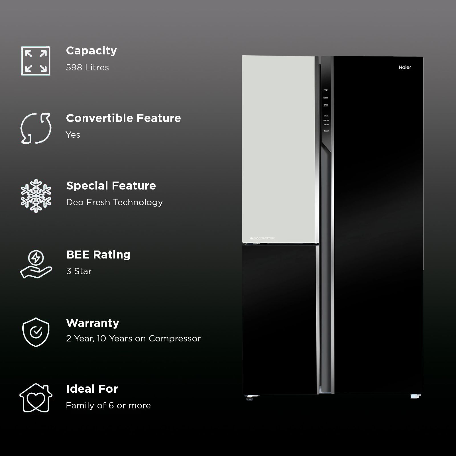 Haier 598 Litres 3 Star Frost Free Side by Side Refrigerator with Deo Fresh Technology (HRT-683KWG-P, Black & White)_2