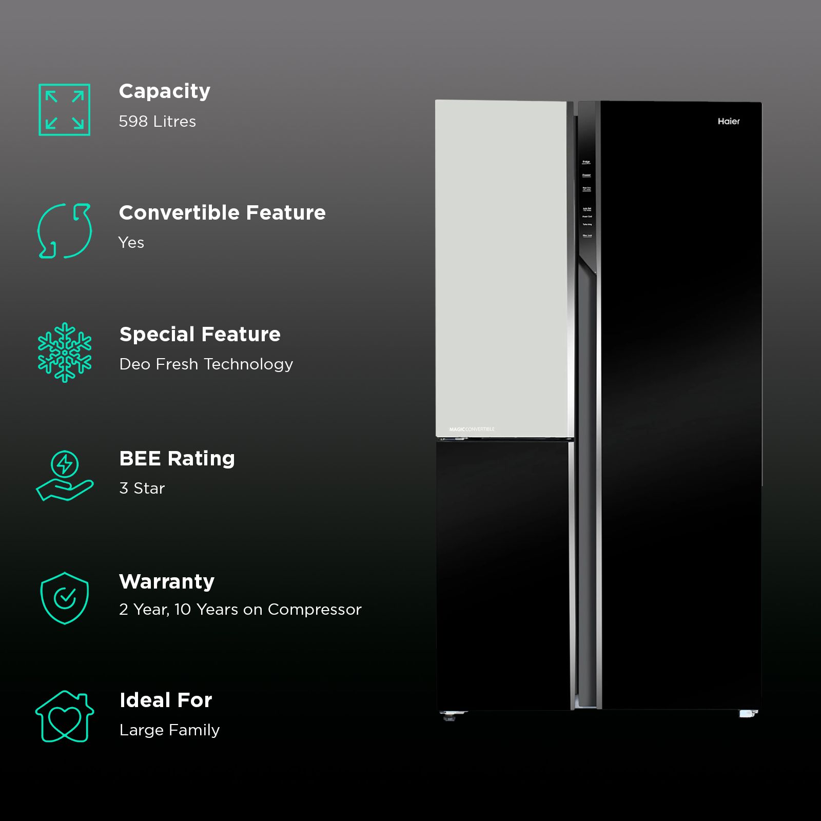 Haier 598 Litres 3 Star Frost Free Side by Side Refrigerator with Deo Fresh Technology (HRT-683KWG-P, Black & White)_2