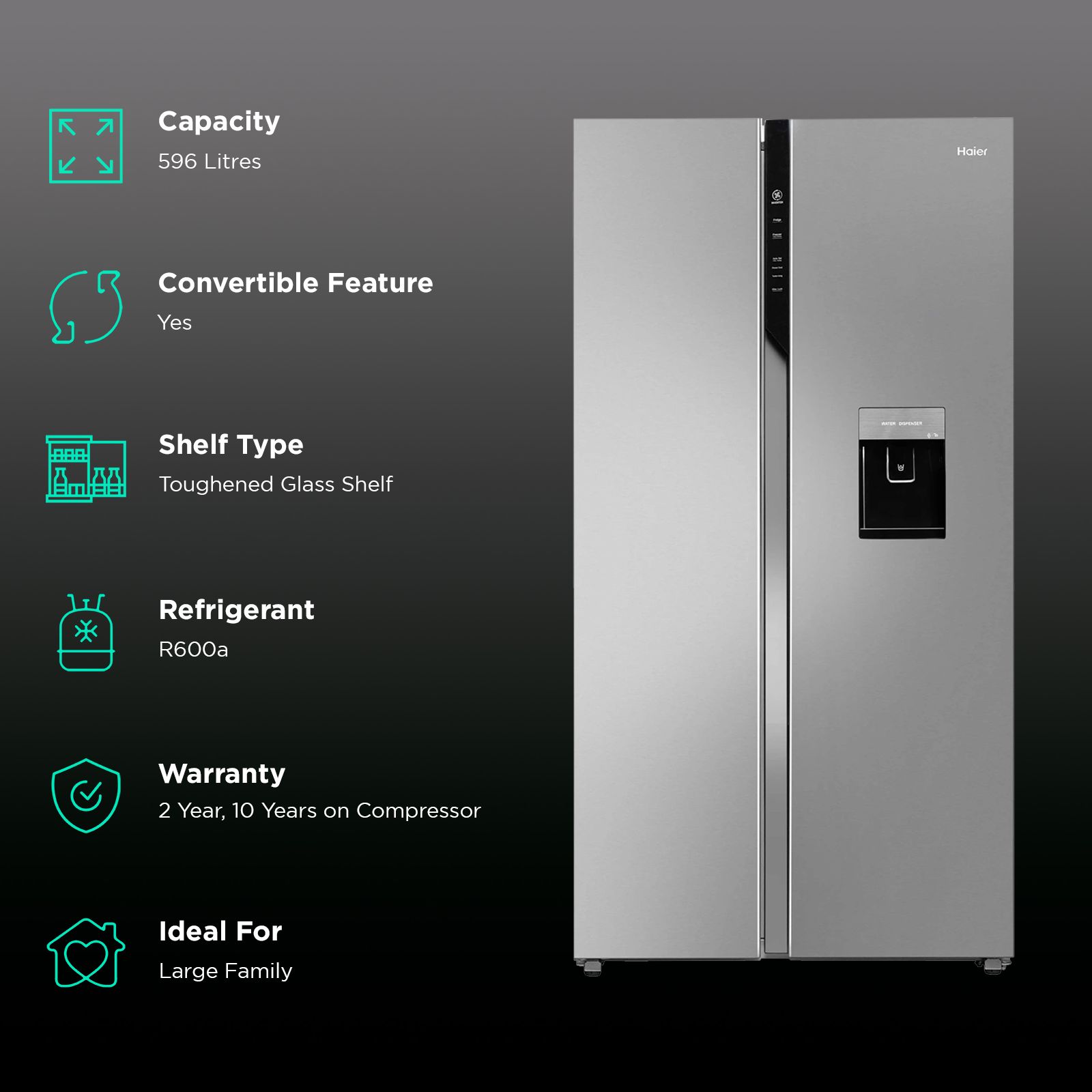 Haier 596 Litres 3 Star Frost Free Side by Side Door Smart Wifi Enabled Convertible Refrigerator with Deo Fresh Technology (HRS-682SWDU1, Shiny Steel)_2