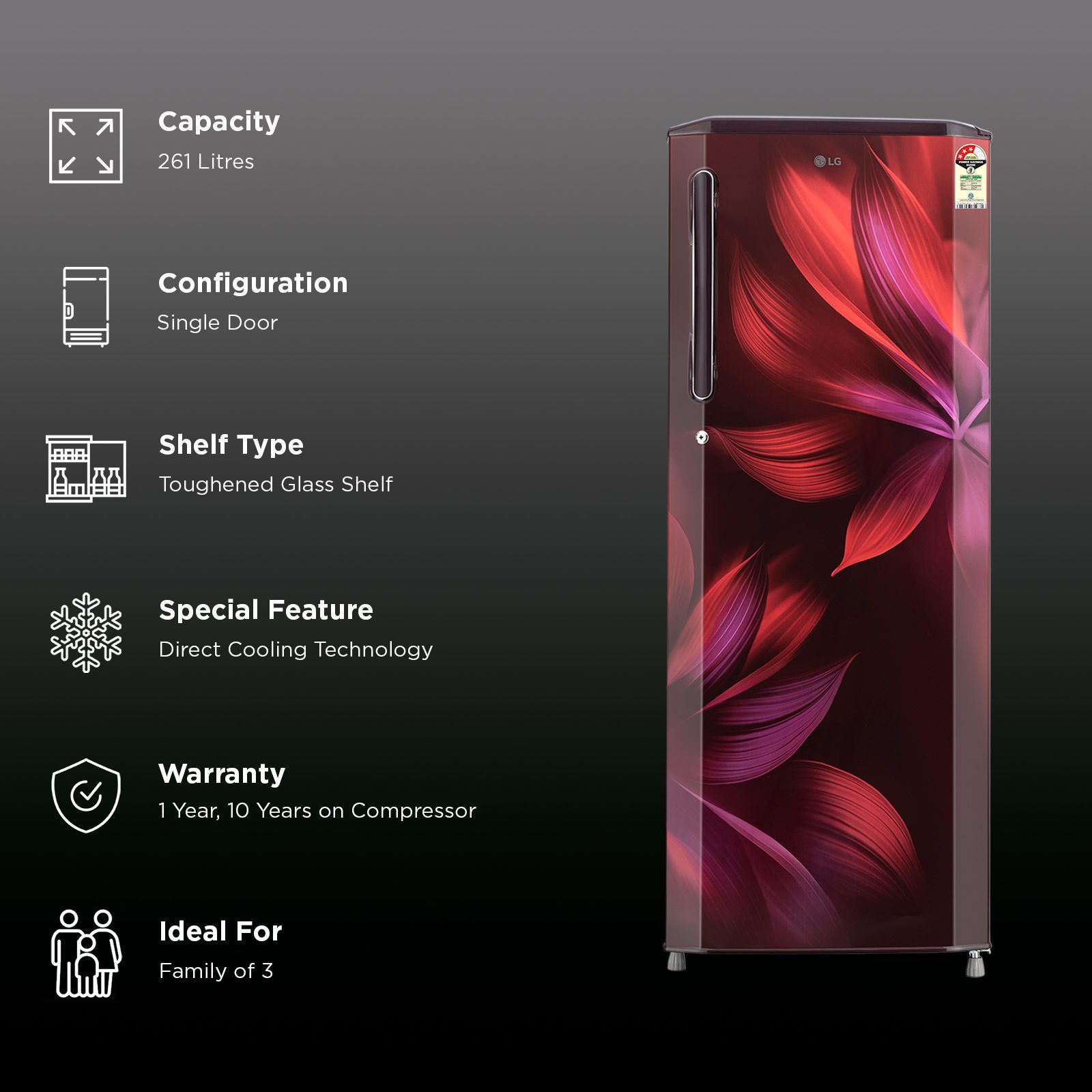 LG 281 Series 261 Litres 3 Star Direct Cool Single Door Refrigerator with Auto Smart Connect (GL-B281BSAX, Scarlet Aurora)_3