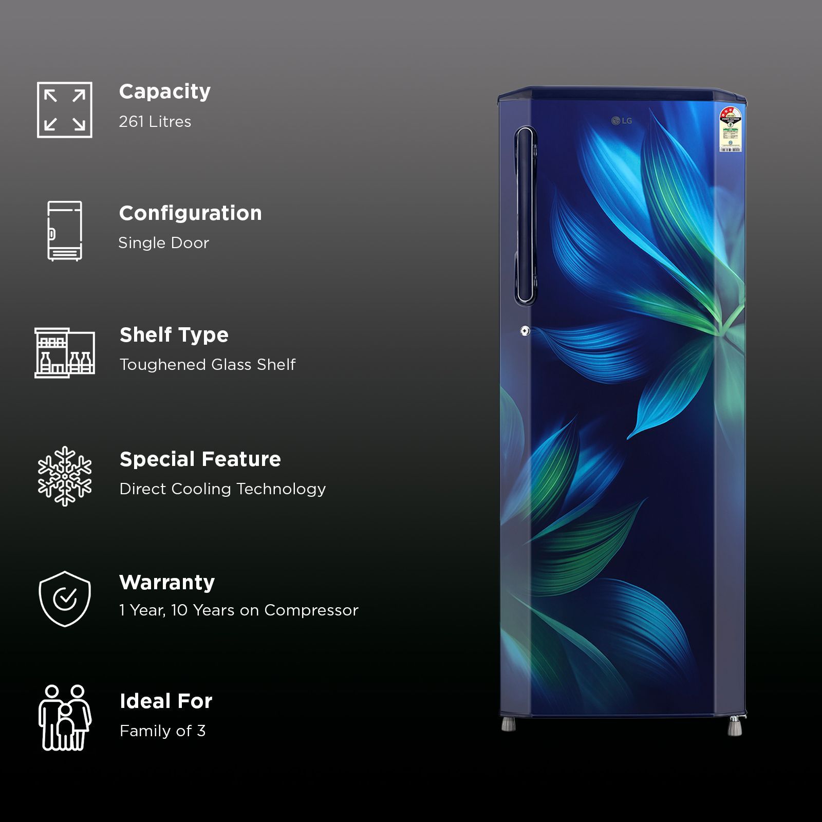LG 281 Series 261 Litres 3 Star Direct Cool Single Door Refrigerator with Auto Smart Connect (GL-B281BBAX, Blue Aurora) LG 281 Series 261 Litres 3 Star Direct Cool Single Door Refrigerator with Auto Smart Connect (GL-B281BBAX, Blue Aurora)_3