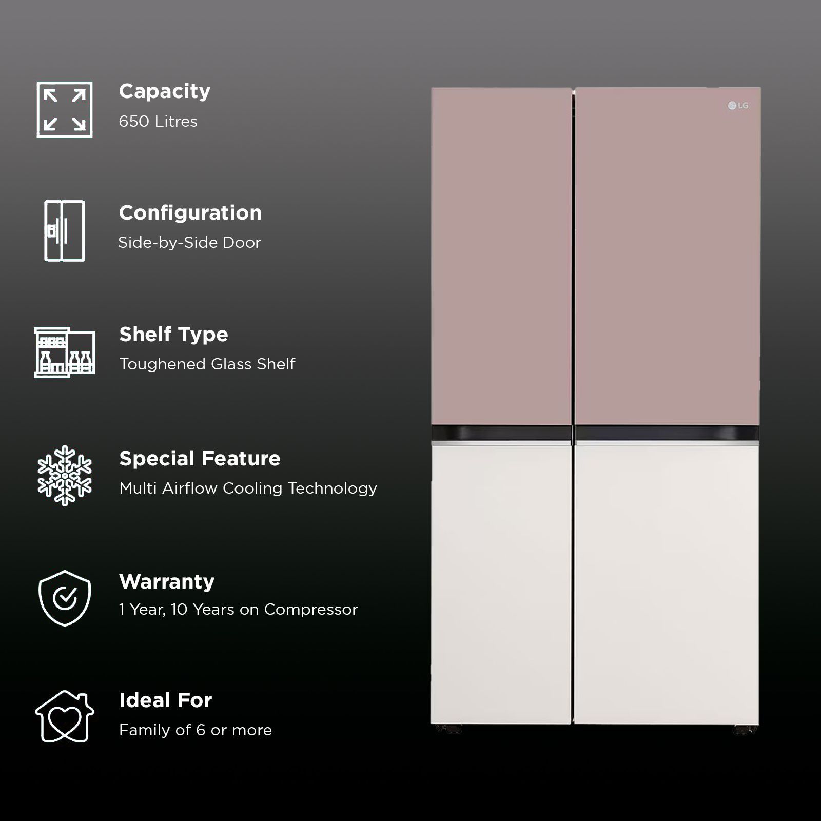 LG 650 Litres 3 Star Frost Free Side by Side Smart Wifi Enabled Convertible Refrigerator with Multi Air Flow (GL-B257EPT3, Clay Pink Tango) LG 650 Litres 3 Star Frost Free Side by Side Smart Wifi Enabled Convertible Refrigerator with Multi Air Flow (GL-B257EPT3, Clay Pink Tango)_2