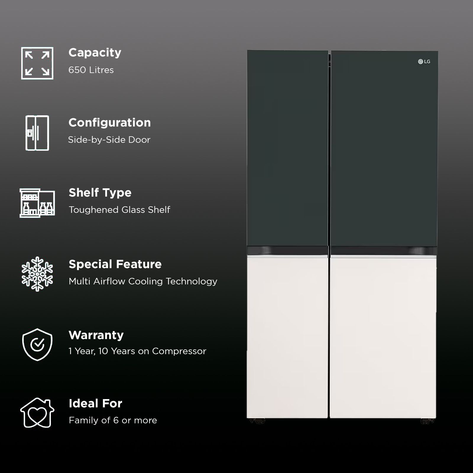 LG 650 Litres 3 Star Frost Free Side by Side Smart Wifi Enabled Convertible Refrigerator with Multi Air Flow (GL-B257EET3, Emerald Green Tango) LG 650 Litres 3 Star Frost Free Side by Side Smart Wifi Enabled Convertible Refrigerator with Multi Air Flow (GL-B257EET3, Emerald Green Tango)_2