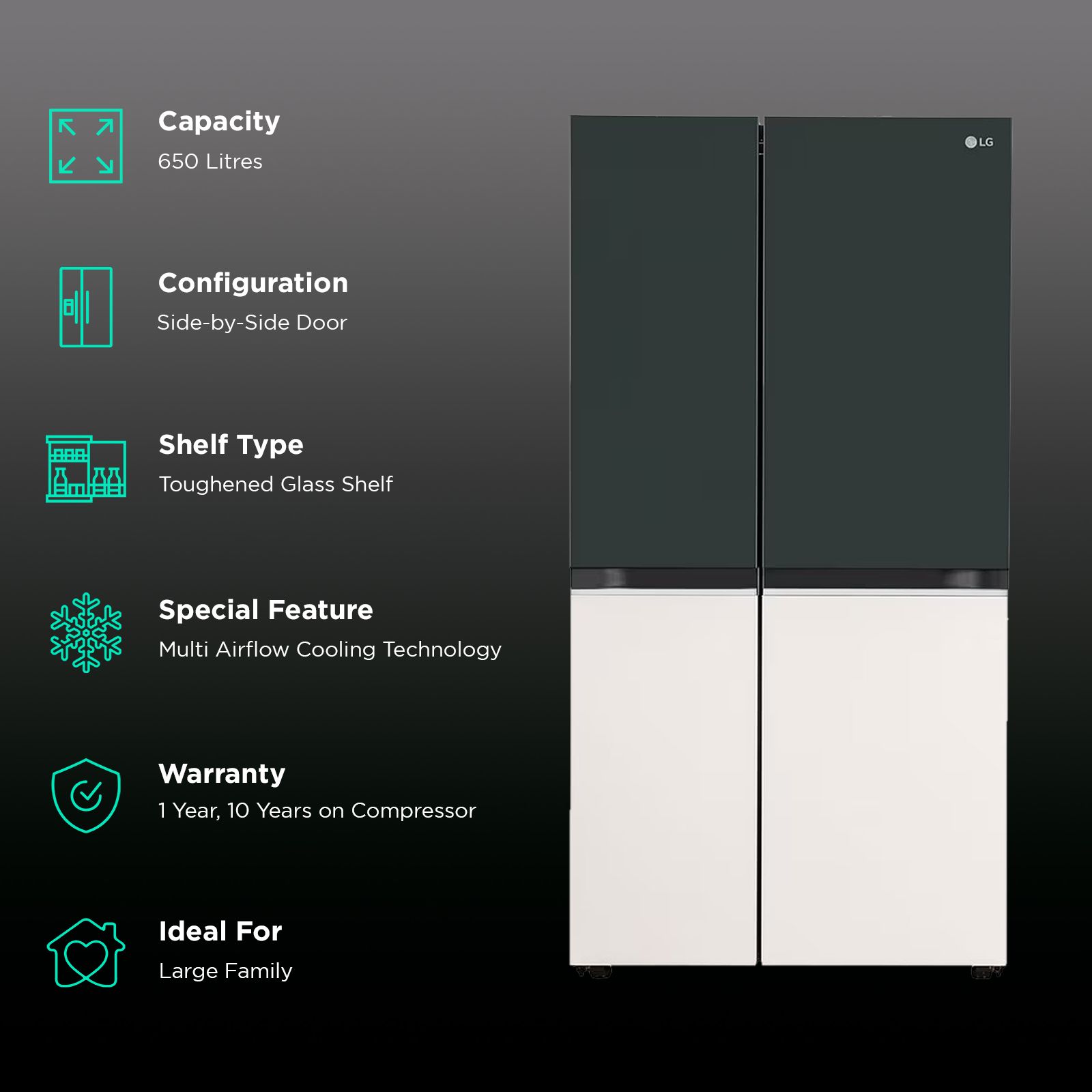 LG 650 Litres 3 Star Frost Free Side by Side Smart Wifi Enabled Convertible Refrigerator with Multi Air Flow (GL-B257EET3, Emerald Green Tango)_2