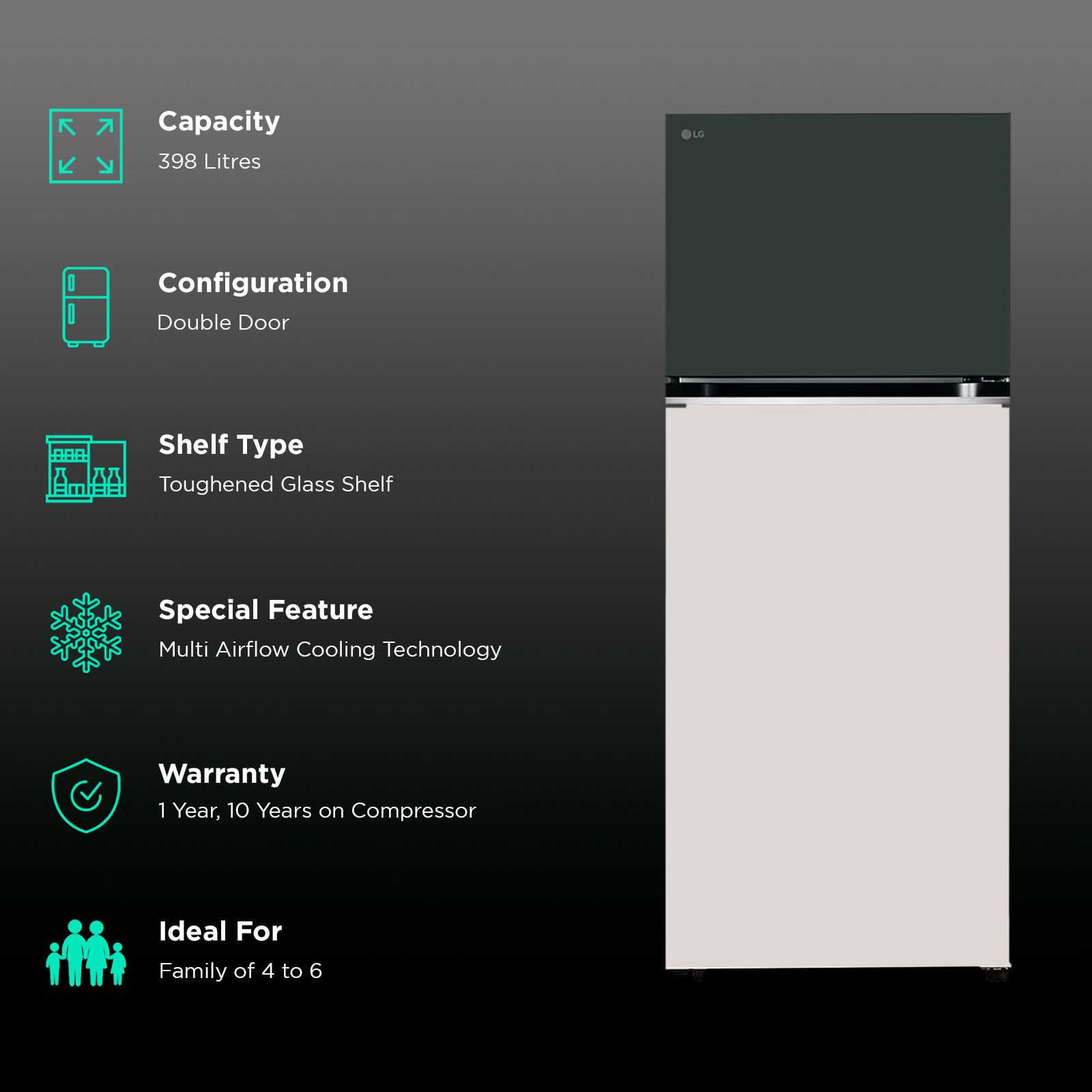 LG 398 Litres 2 Star Frost Free Double Door Convertible Refrigerator with Smart Diagnosis (GL-S422SETY, Emerald Green Tango)_2
