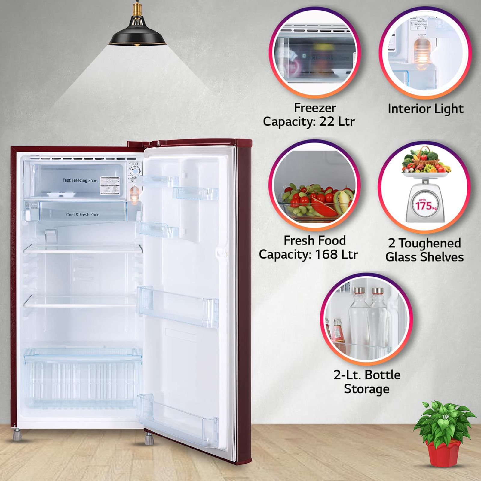 LG 190 Litres 2 Star Direct Cool Single Door Refrigerator with Stabilizer Free Operation (GL-B199OSEC, Scarlet Euphoria)_14