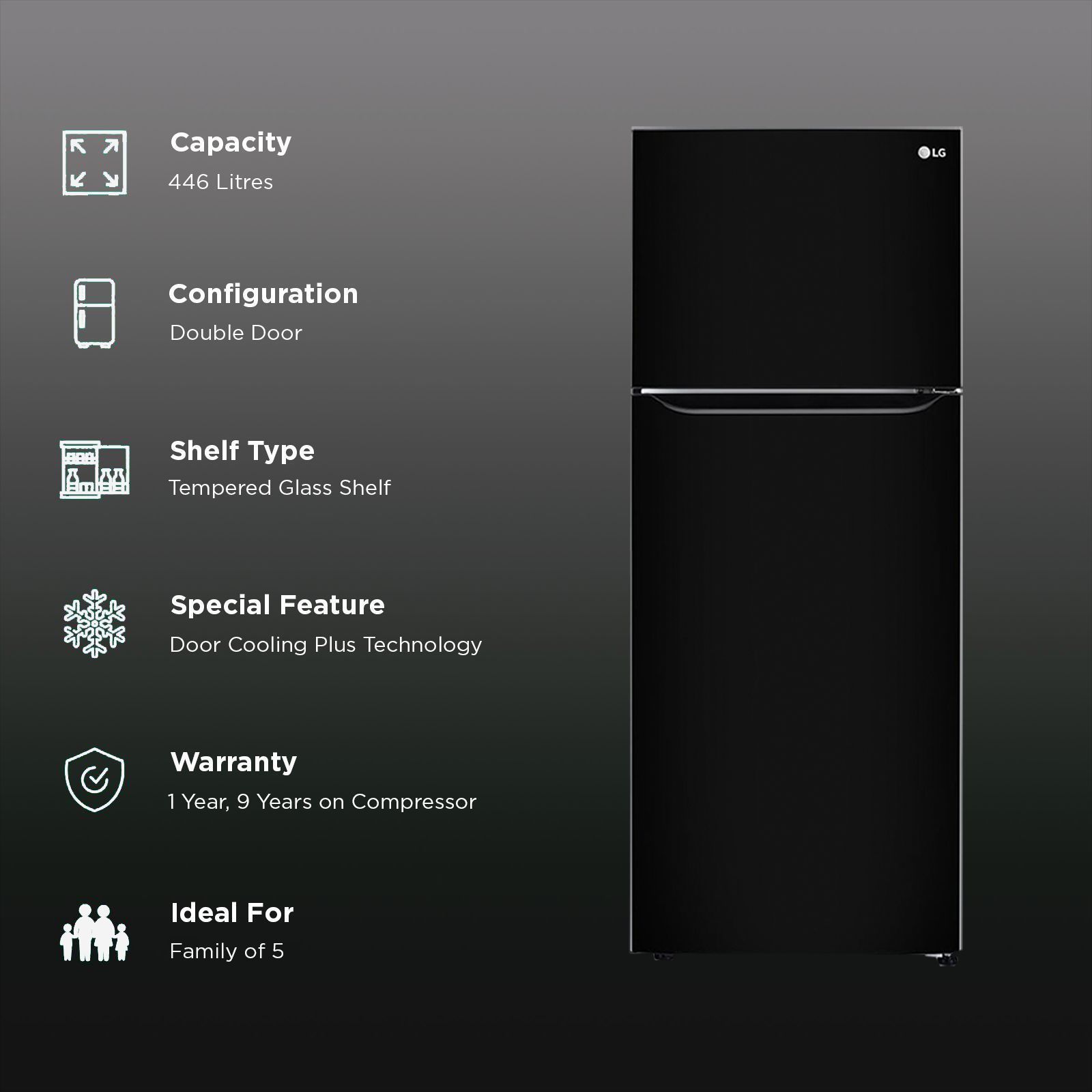 LG 446 Litres 1 Star Frost Free Double Door Convertible Refrigerator with Multi Air Flow (GL-T502CESR, Ebony Sheen) LG 446 Litres 1 Star Frost Free Double Door Convertible Refrigerator with Multi Air Flow (GL-T502CESR, Ebony Sheen)_2