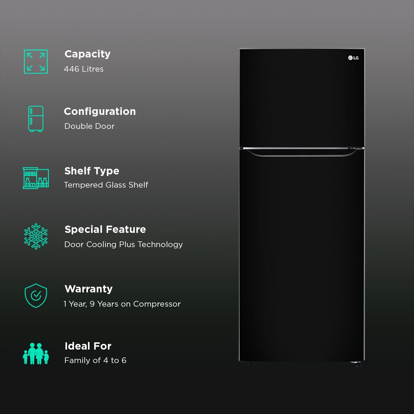 LG 446 Litres 1 Star Frost Free Double Door Convertible Refrigerator with Multi Air Flow (GL-T502CESR, Ebony Sheen)_2