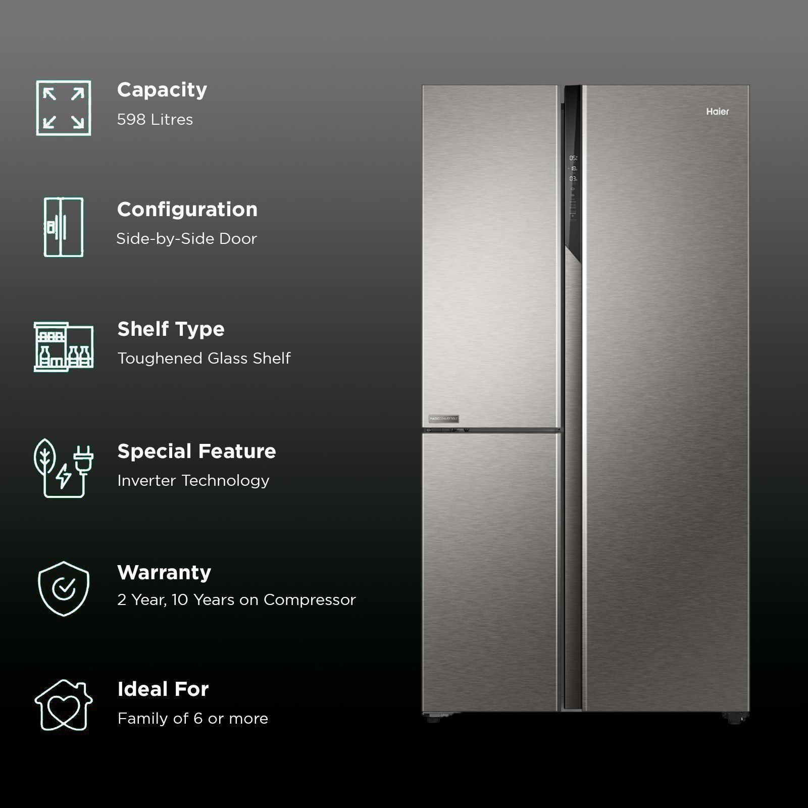 Haier 598 Litres 3 Star Frost Free Side By Side Smart Wifi Enabled Convertible Refrigerator with Deo Fresh Technology (HRT-683ISU1, Inox Steel)_2