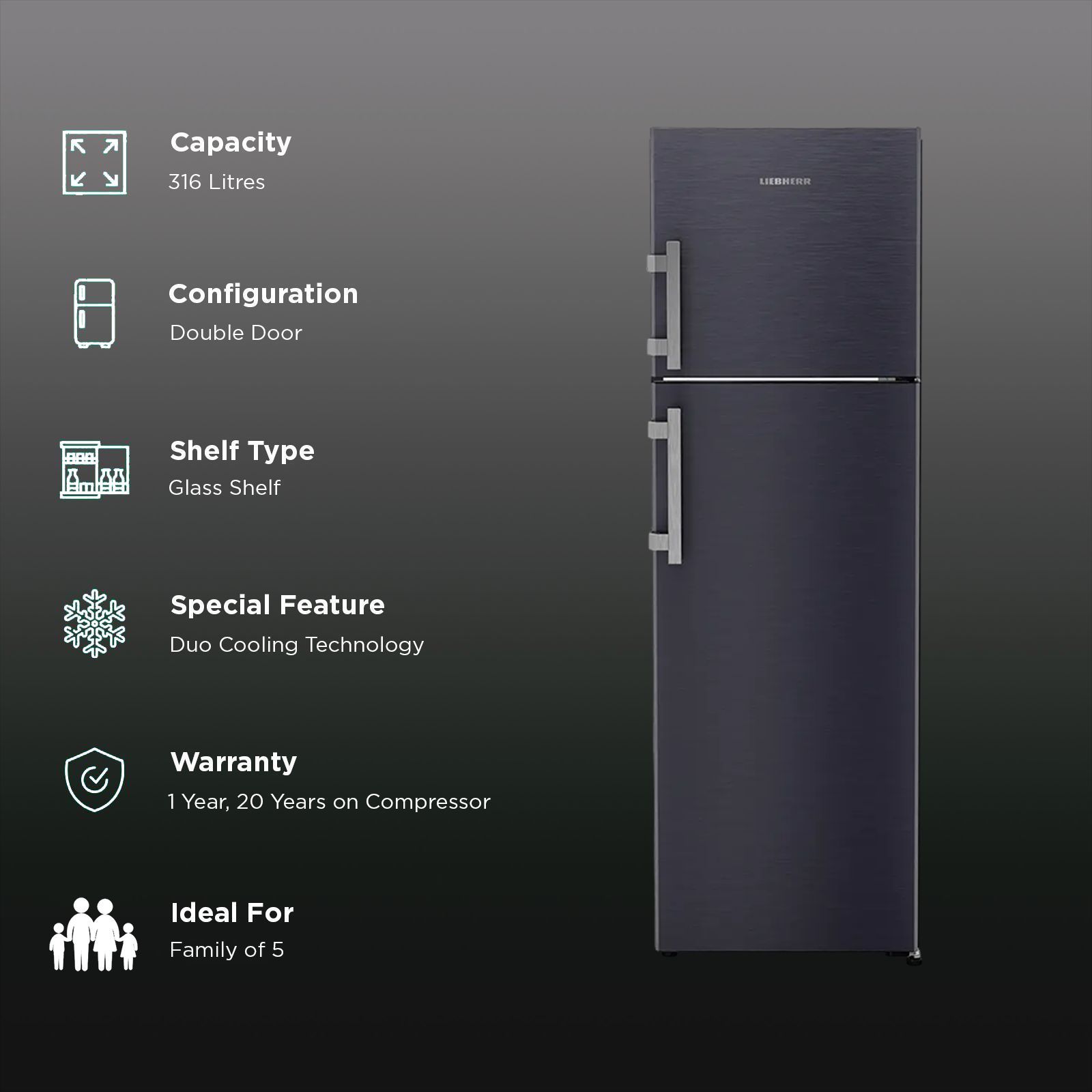 LIEBHERR Prime 316 Litres 2 Star Frost Free Double Door Refrigerator with Stabilizer Free Operation (TELcsB 3151, Cobalt Steel)_2