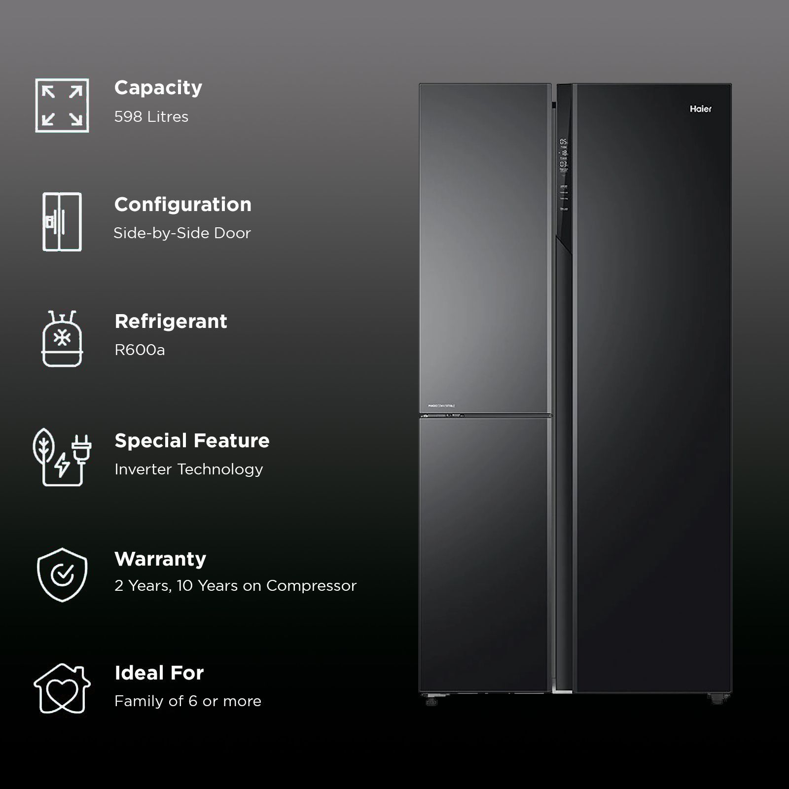 Haier 598 Litres 3 Star Frost Side-by-Side Smart Wifi Enabled Convertible Refrigerator with Digital Control Panel (HRT-683KGU1, Black Glass)_2