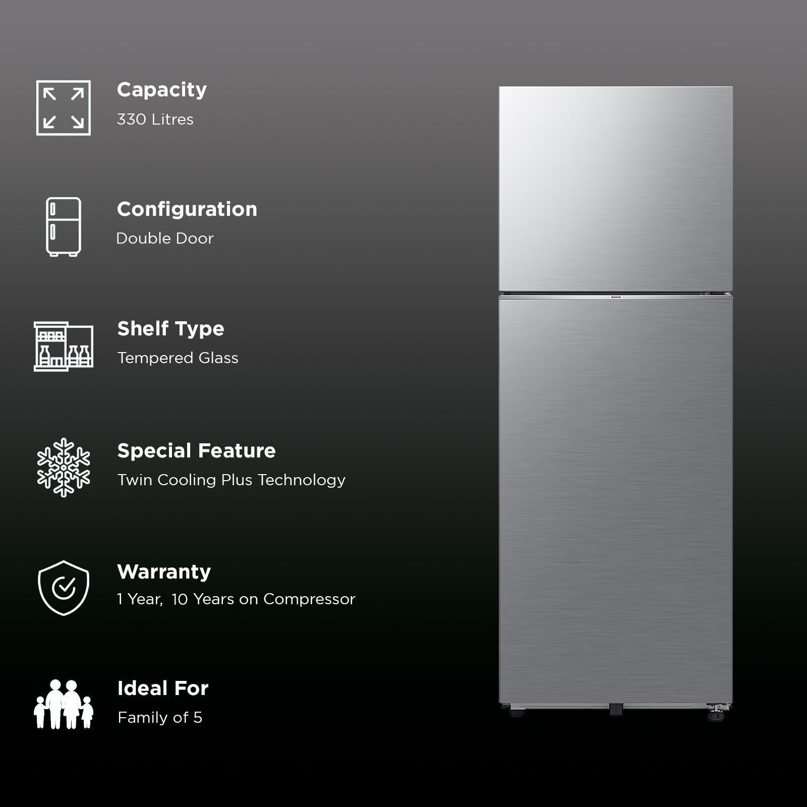 SAMSUNG 330 Litres 2 Star Frost Free Double Door Smart Wifi Enabled Refrigerator with Twin Cooling Plus Technology (RT34DG5A2BS8HL, Elegant Inox)_3