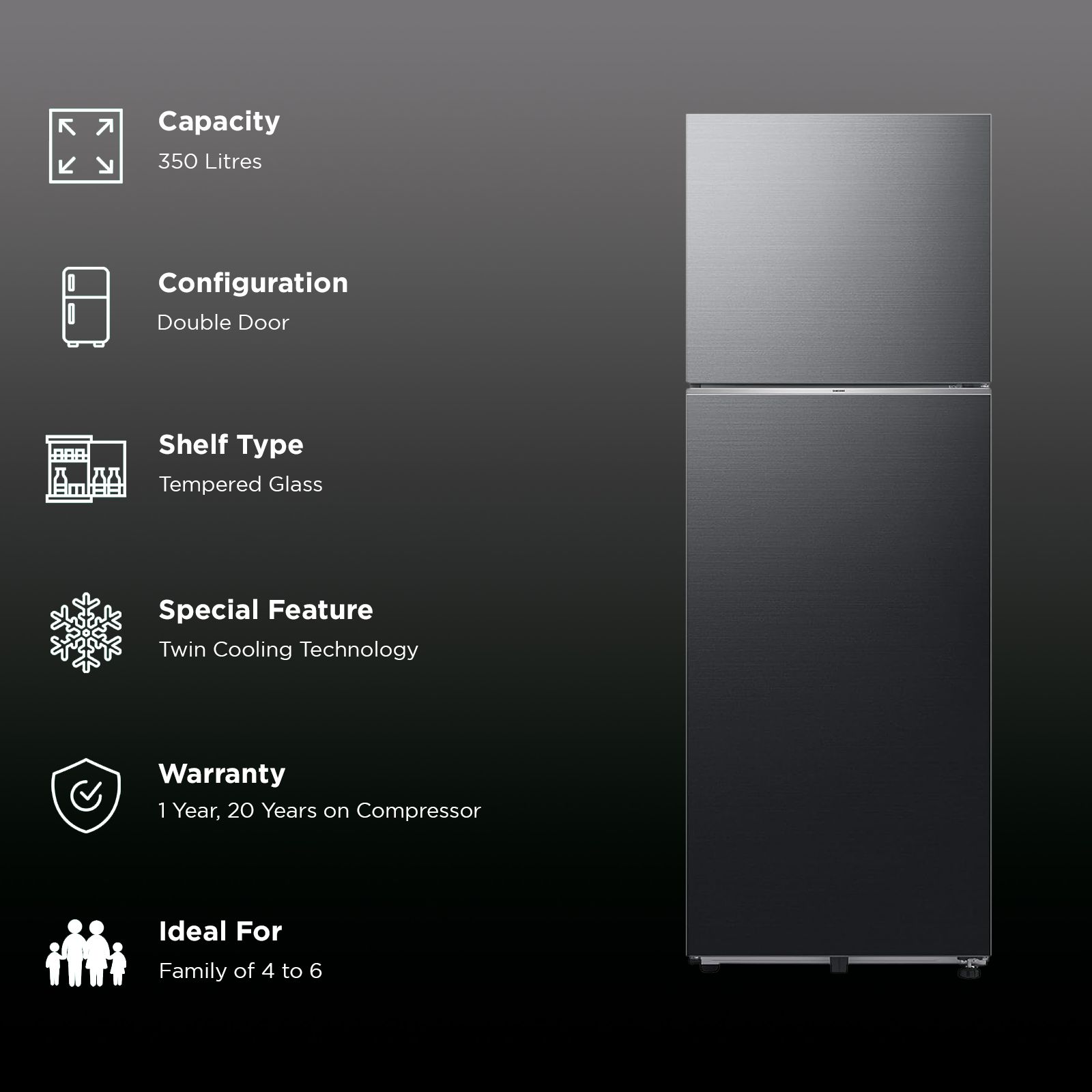 SAMSUNG 350 Litres 2 Star Frost Free Double Door Smart Wifi Enabled Refrigerator with Twin Cooling Plus Technology (RT38DG5A2BBXHL, Luxe Black)_3