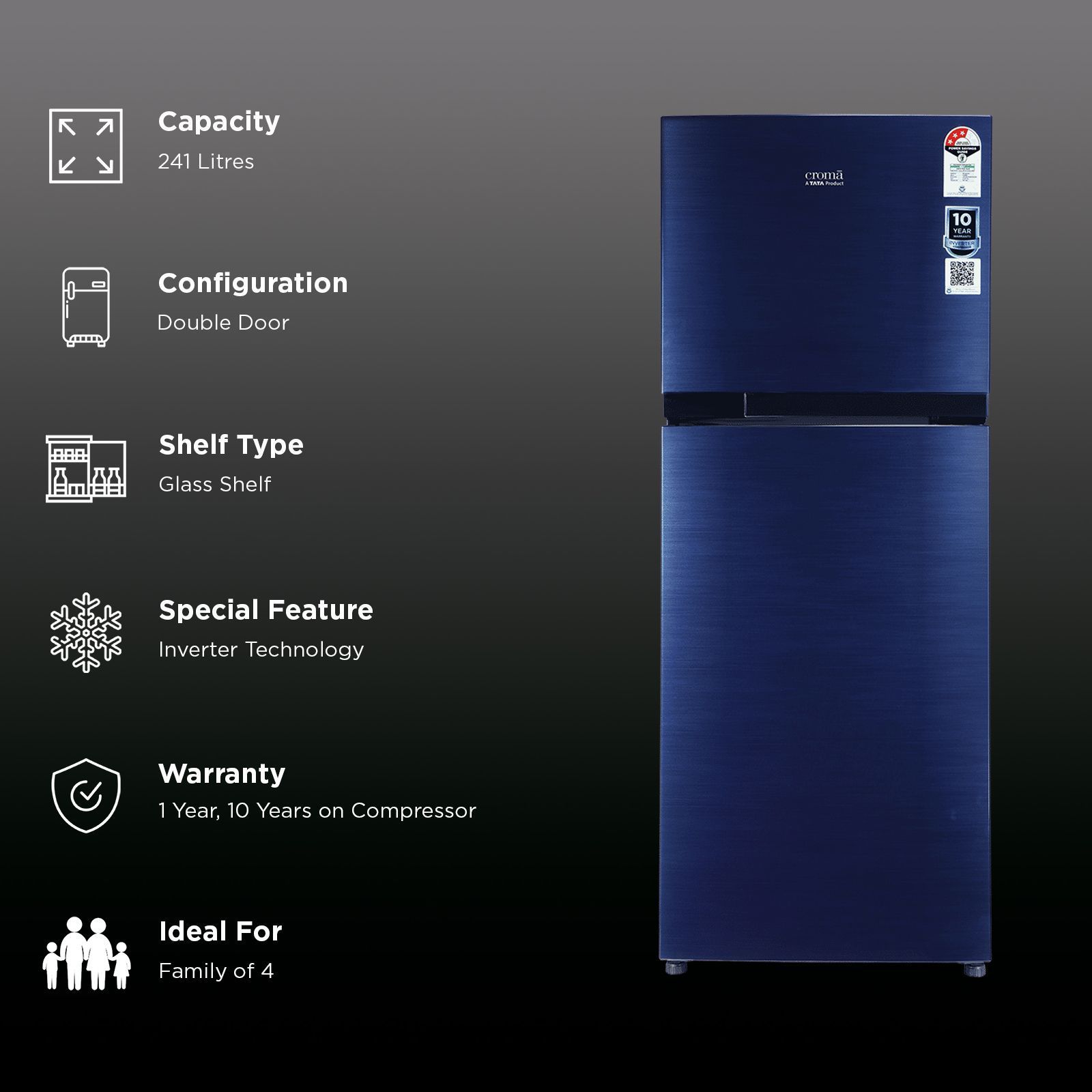 Croma 241 Litres 3 Star Frost Free Double Door Refrigerator with Inverter Technology (CRLR241FID302756, Blue)_2