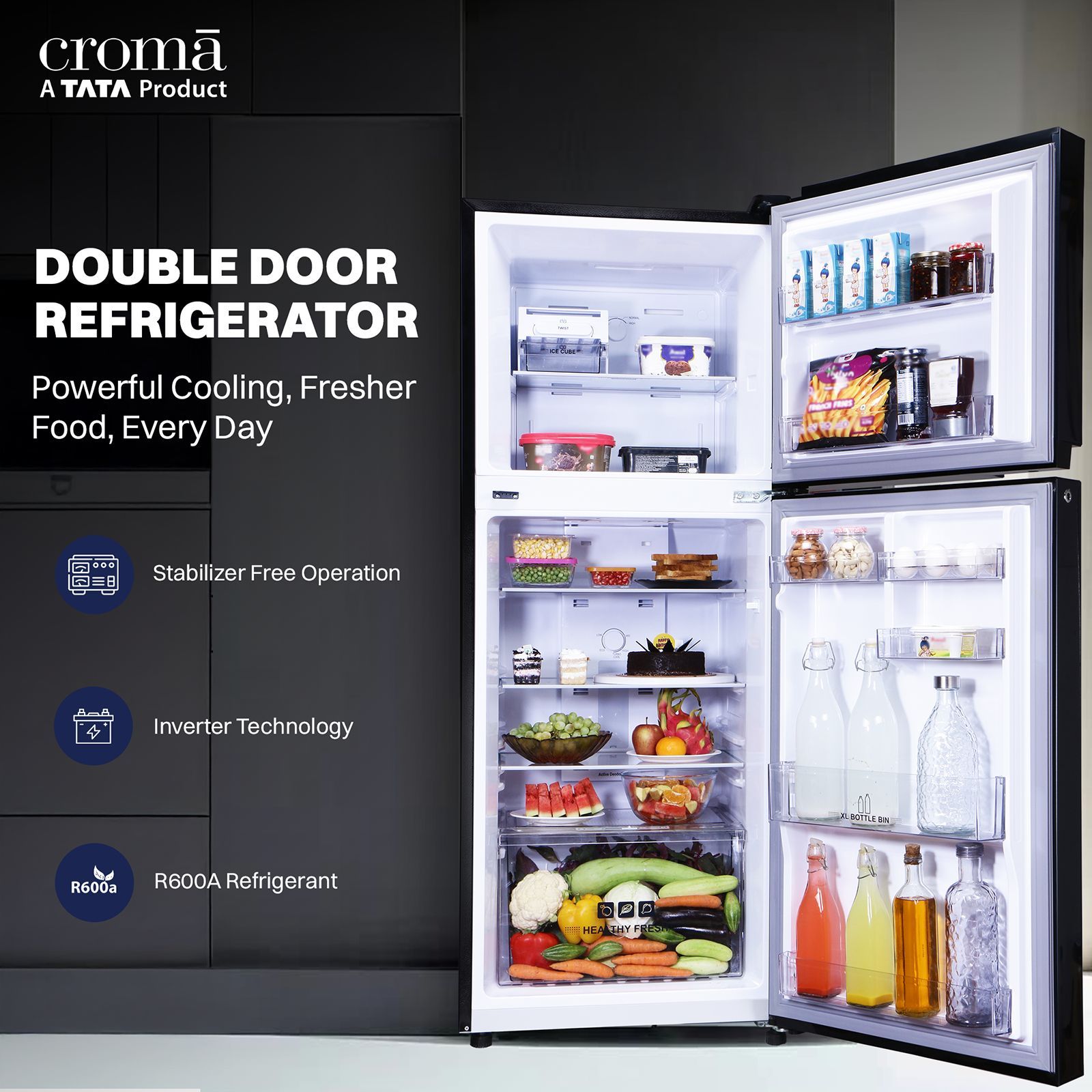 Croma 241 Litres 3 Star Frost Free Double Door Refrigerator with Inverter Technology (CRLR241FID302756, Blue)_7