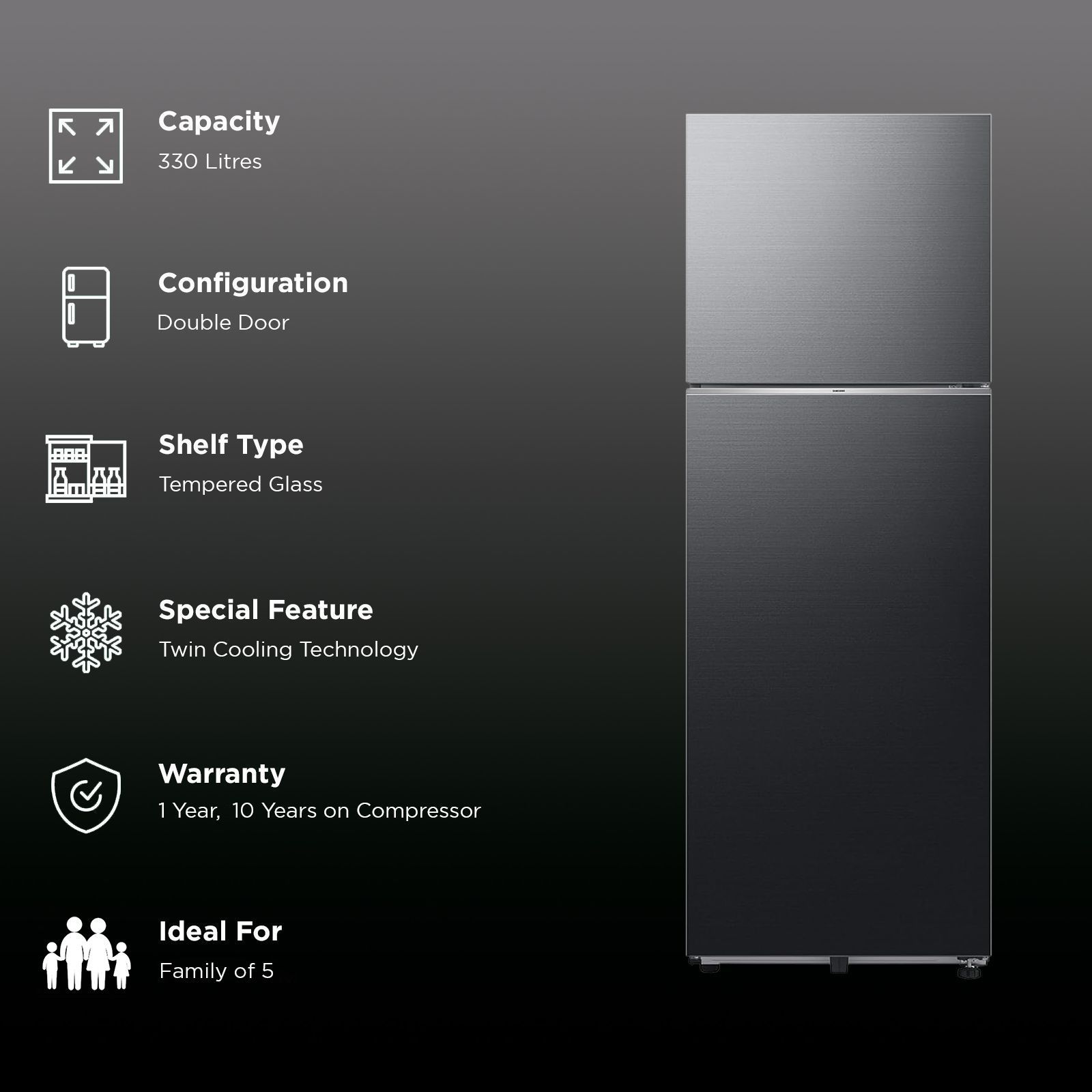 SAMSUNG 330 Litres 2 Star Frost Free Double Door Smart Wifi Enabled Refrigerator with Twin Cooling Plus Technology (RT34DG5A2BBXHL, Luxe Black)_3