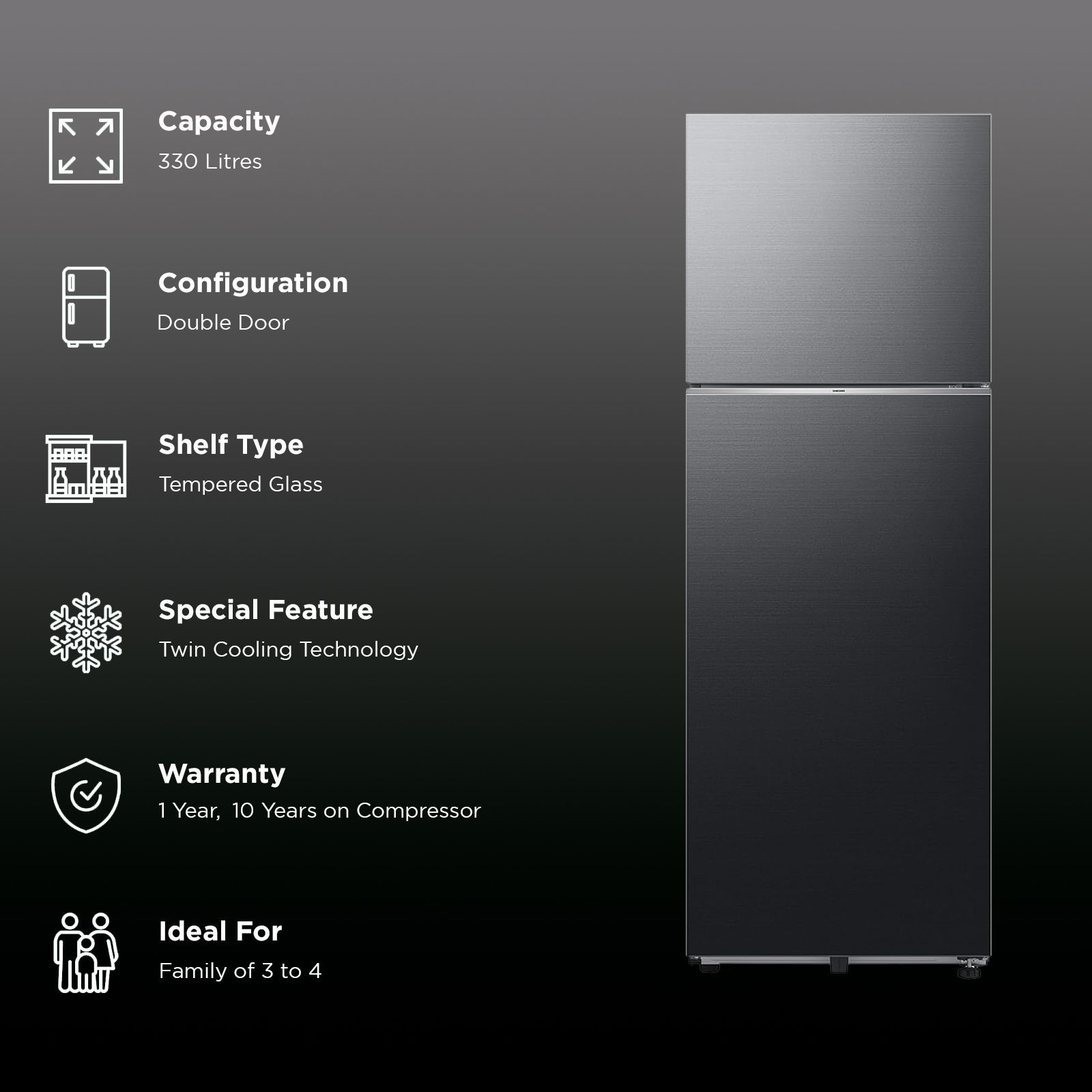 SAMSUNG 330 Litres 2 Star Frost Free Double Door Smart Wifi Enabled Refrigerator with Twin Cooling Plus Technology (RT34DG5A2BBXHL, Luxe Black)_3