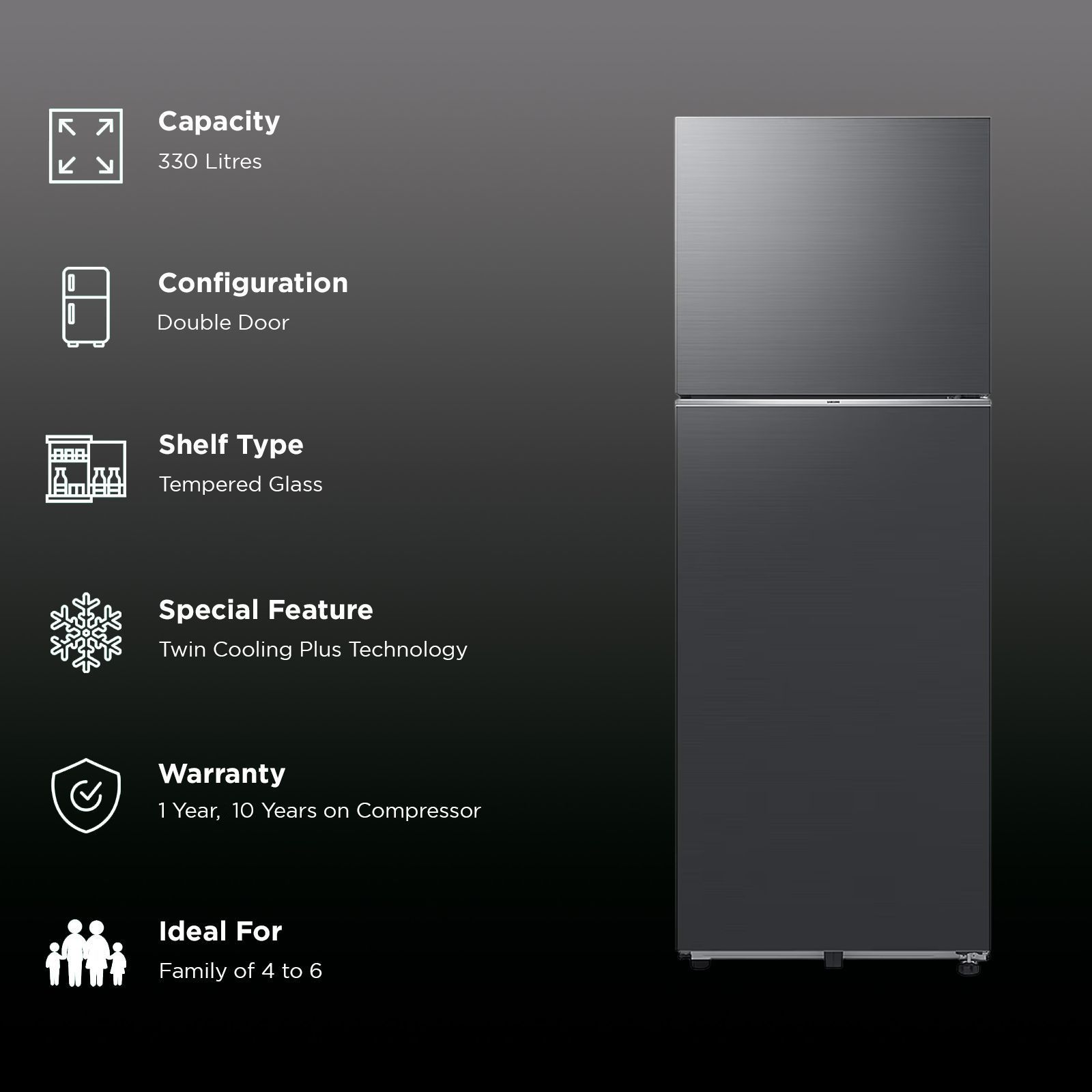 SAMSUNG 330 Litres 3 Star Frost Free Double Door Smart Wifi Enabled Refrigerator with Twin Cooling Plus Technology (RT34DG5A4DB1HL, Black Matt)_3