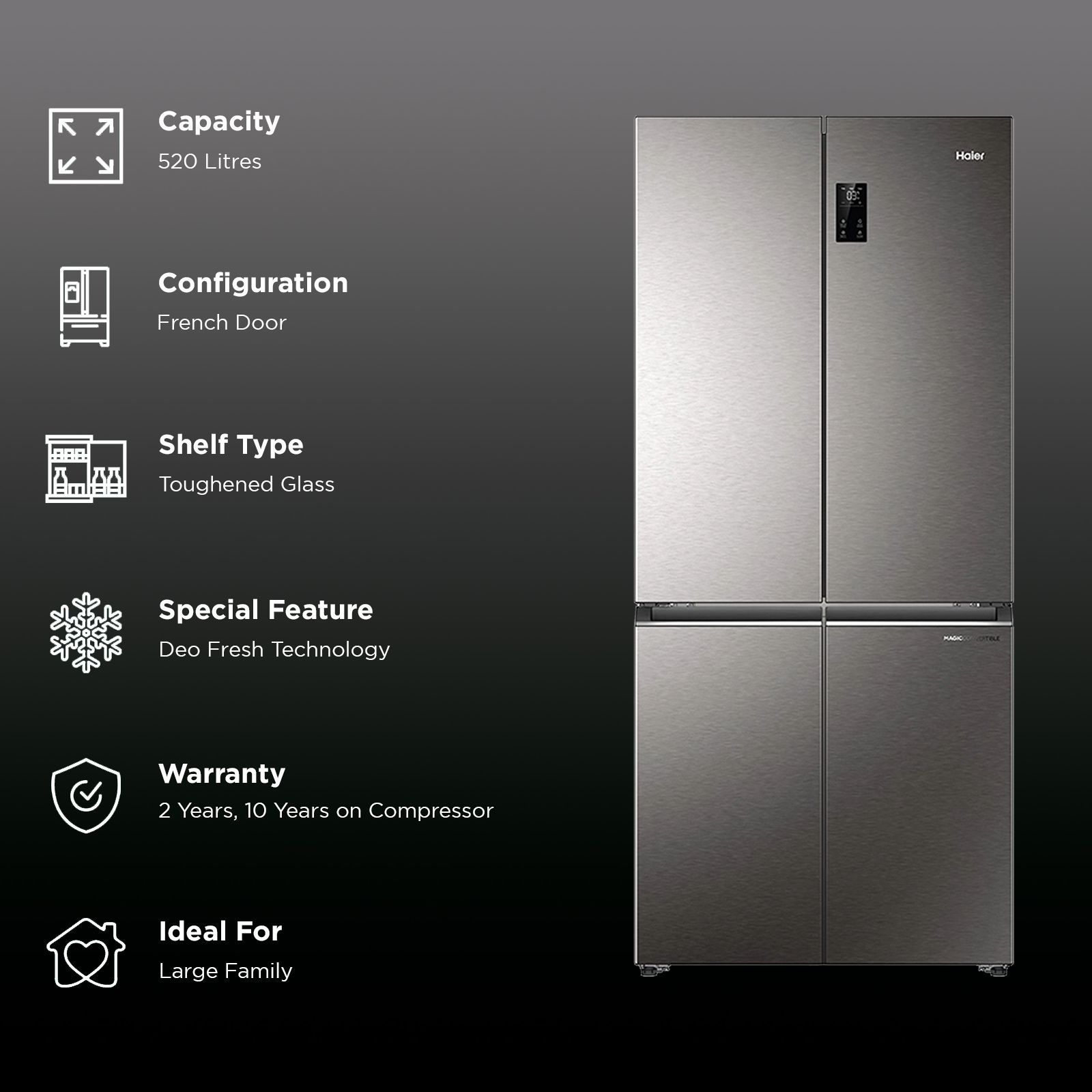 Haier 520 Litres 3 Star Frost Free French Door Convertible Refrigerator with Deo Fresh Technology (HRB-600IS, Inox Steel)_3