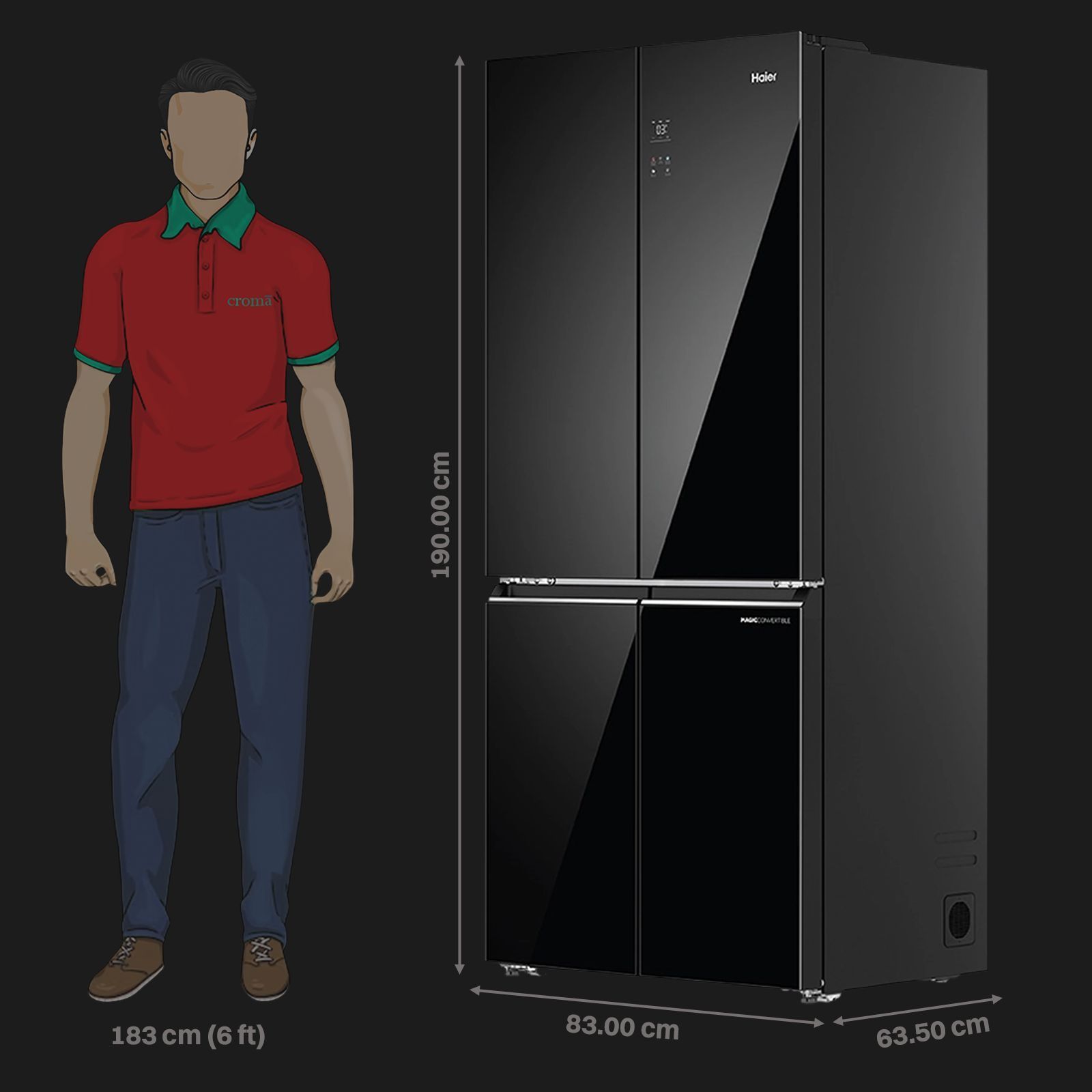 Haier 520 Litres 3 Star Frost Free French Door Convertible Refrigerator with Colorful Digital Display Panel (HRB-600KGU1, Black Glass)_2