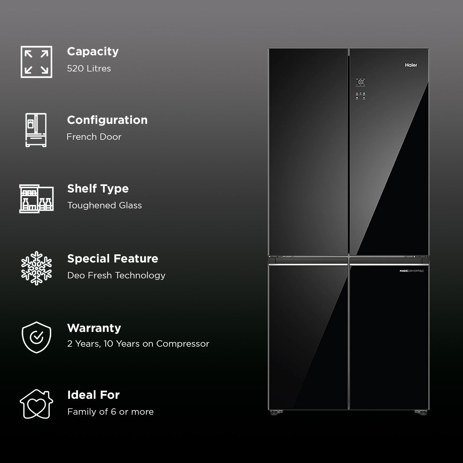 Haier 520 Litres 3 Star Frost Free French Door Convertible Refrigerator with Colorful Digital Display Panel (HRB-600KGU1, Black Glass)_3