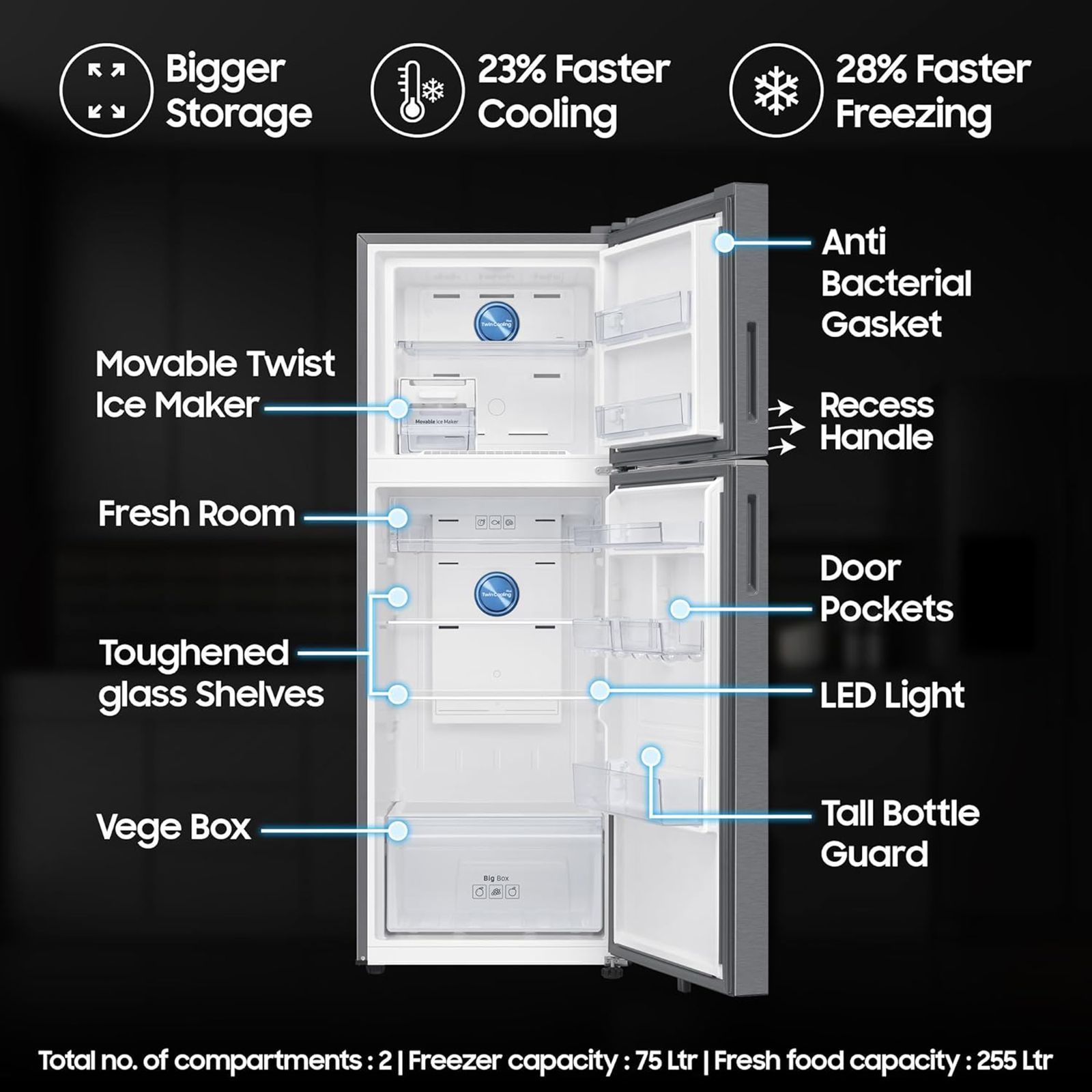 SAMSUNG 330 Litres 2 Star Frost Free Double Door Smart Wifi Enabled Convertible Refrigerator with Bespoke AI (RT34DG5A2BSLHL, EZ Clean Steel)_11