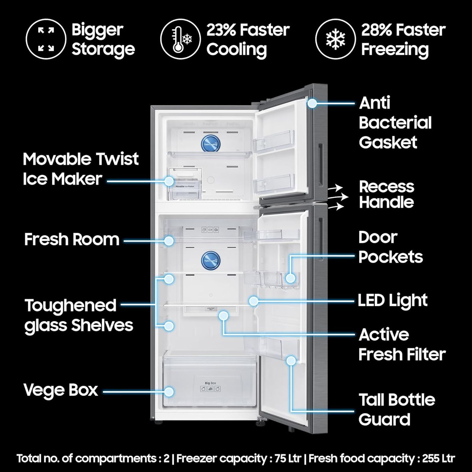 SAMSUNG 330 Litres 3 Star Frost Free Double Door Smart Wifi Enabled Convertible Refrigerator with Bespoke AI (RT34DG5A4DS8HL, Elegant Inox)_15