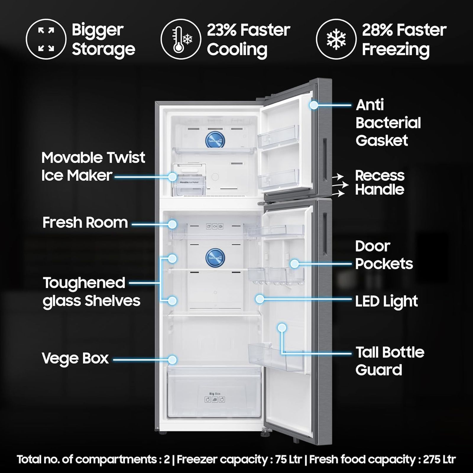 SAMSUNG 350 Litres 2 Star Frost Free Double Door Smart Wifi Enabled Convertible Refrigerator with Bespoke AI (RT38DG5A2BSLHL, Real Stainless)_14