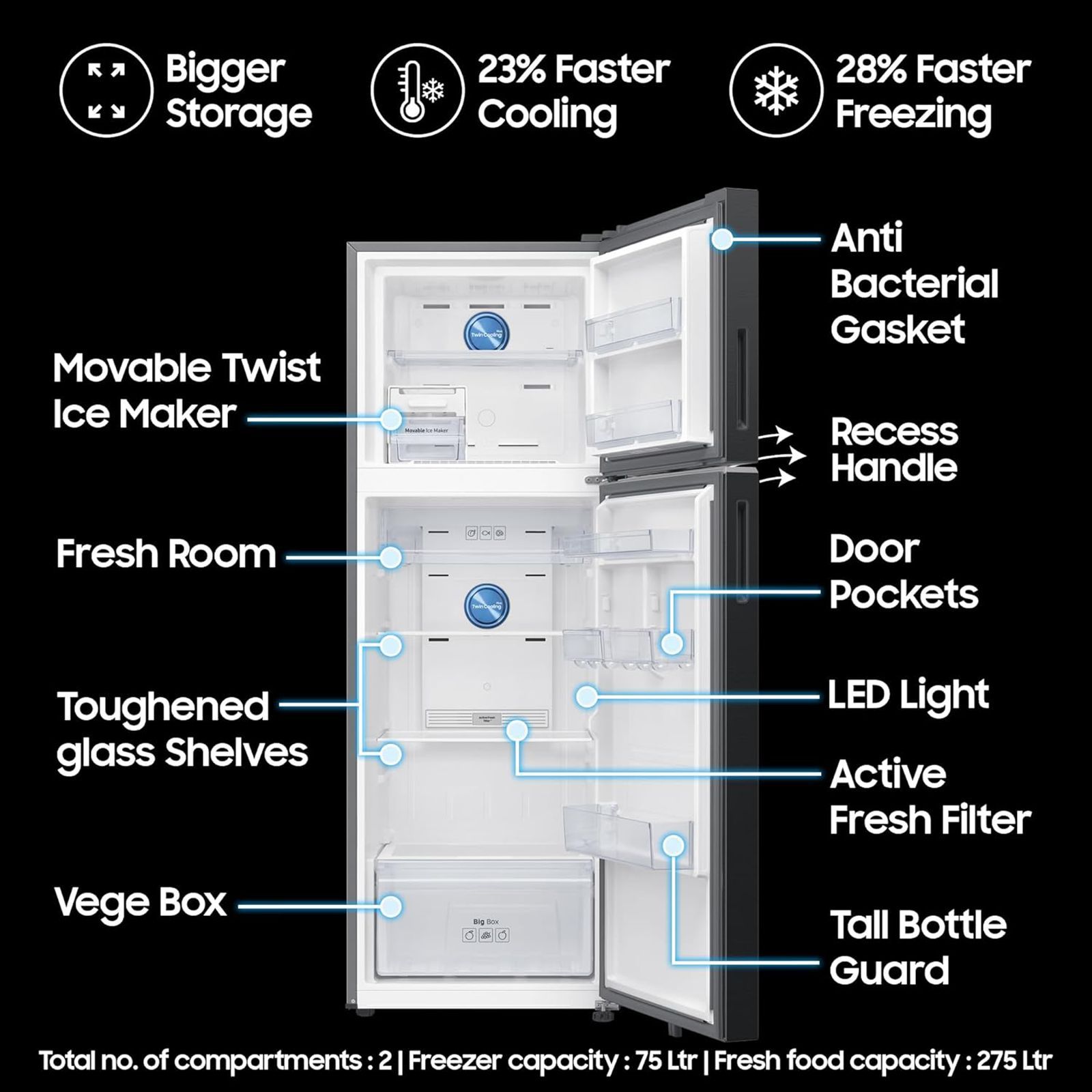 SAMSUNG 350 Litres 3 Star Frost Free Double Door Smart Wifi Enabled Convertible Refrigerator with Bespoke AI (RT38DG5A4DBXHL, Luxe Black)_14