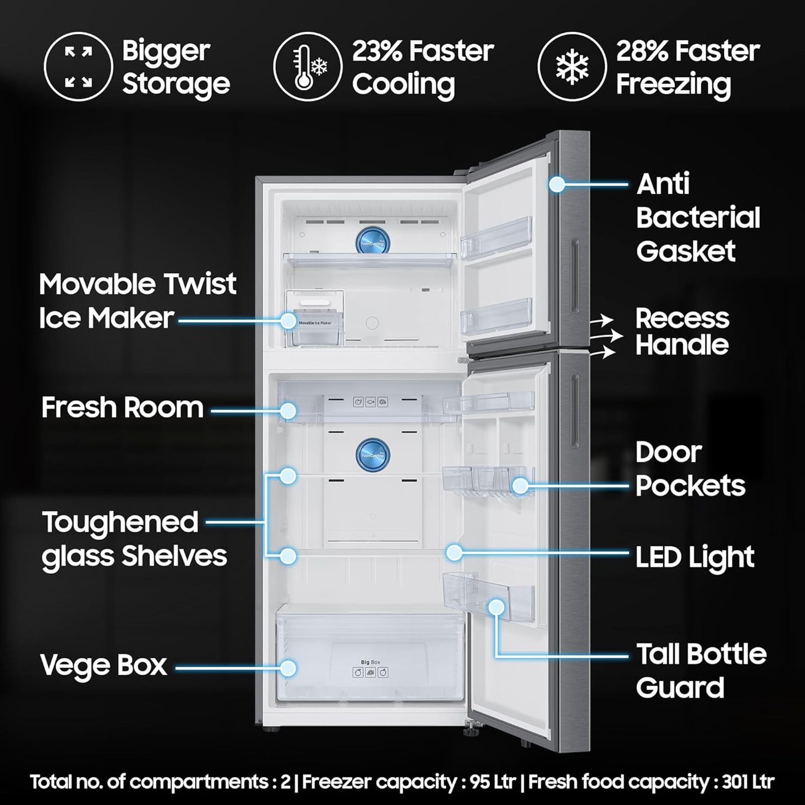 SAMSUNG 396 Litres 2 Star Frost Free Double Door Smart Wifi Enabled Convertible Refrigerator with Bespoke AI (RT41DG6A2BSLHL, Real Stainless)_13