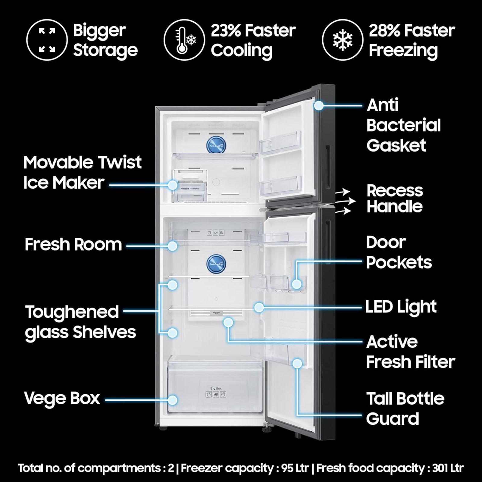 SAMSUNG 396 Litres 3 Star Frost Free Double Door Smart Wifi Enabled Convertible Refrigerator with Bespoke AI (RT41DG6A4DB1HL, Black Matt)_14