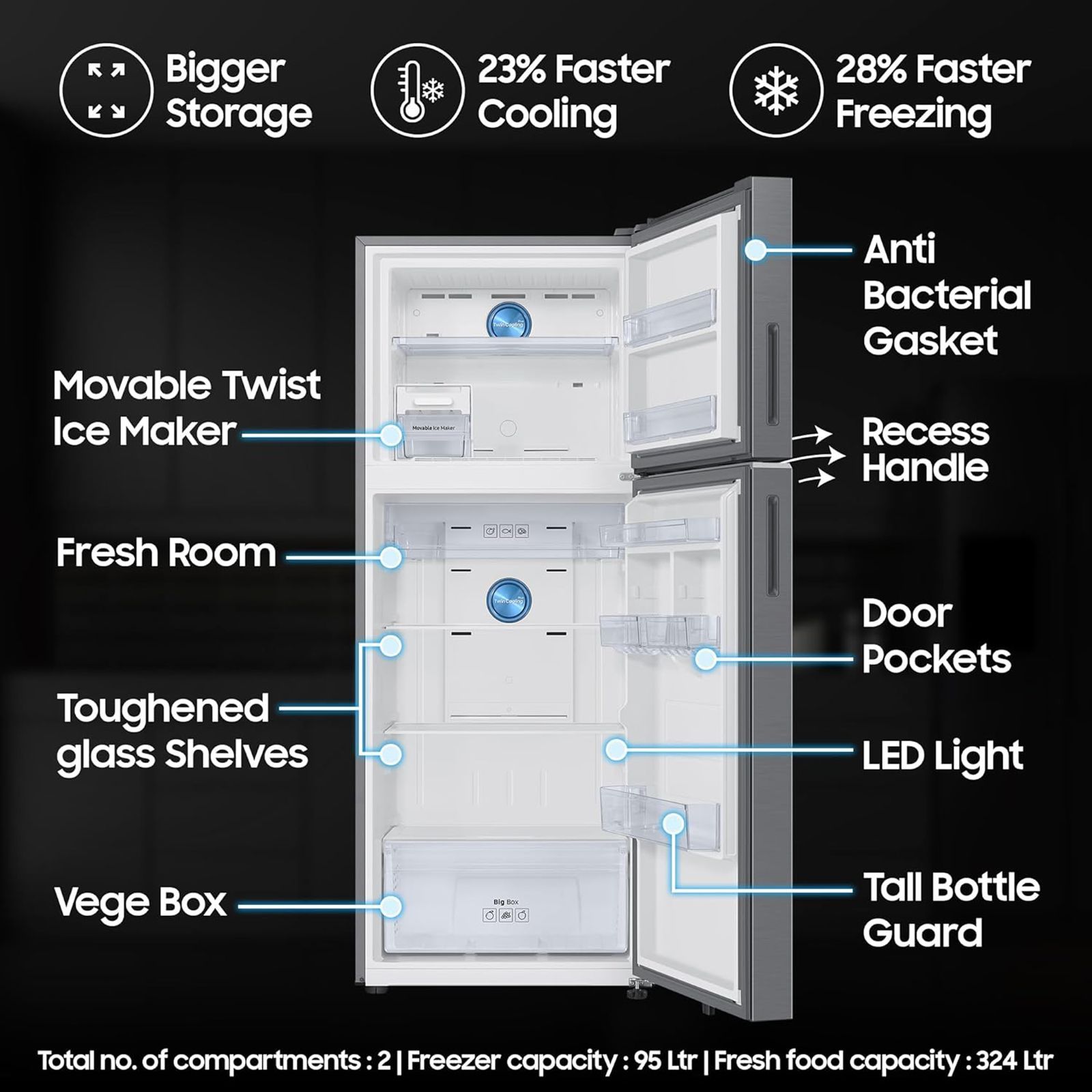 SAMSUNG 419 Litres 2 Star Frost Free Double Door Smart Wifi Enabled Convertible Refrigerator with Bespoke AI (RT45DG6A2BS8HL, Elegant Inox)_13