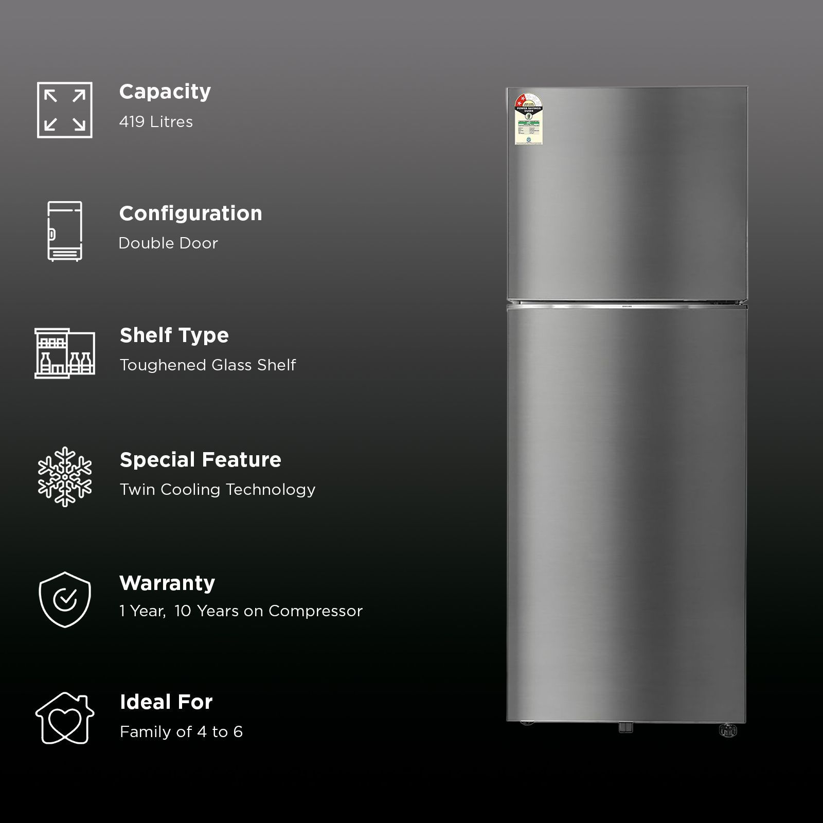 SAMSUNG 419 Litres 2 Star Frost Free Double Door Smart Wifi Enabled Convertible Refrigerator with Bespoke AI (RT45DG6A2BS8HL, Elegant Inox)_3