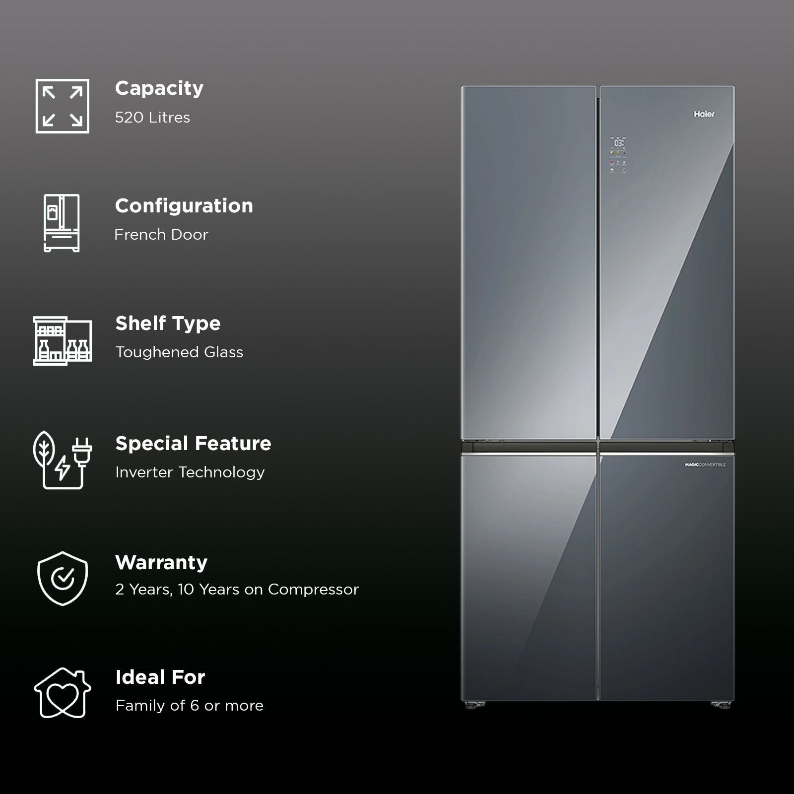 Haier Lumiere 520 Liters 3 Star Frost Free French Door Smart Wifi Enabled Convertible Refrigerator with Colorful Digital Display (HRB-600MGU1, Mirror Glass)_3