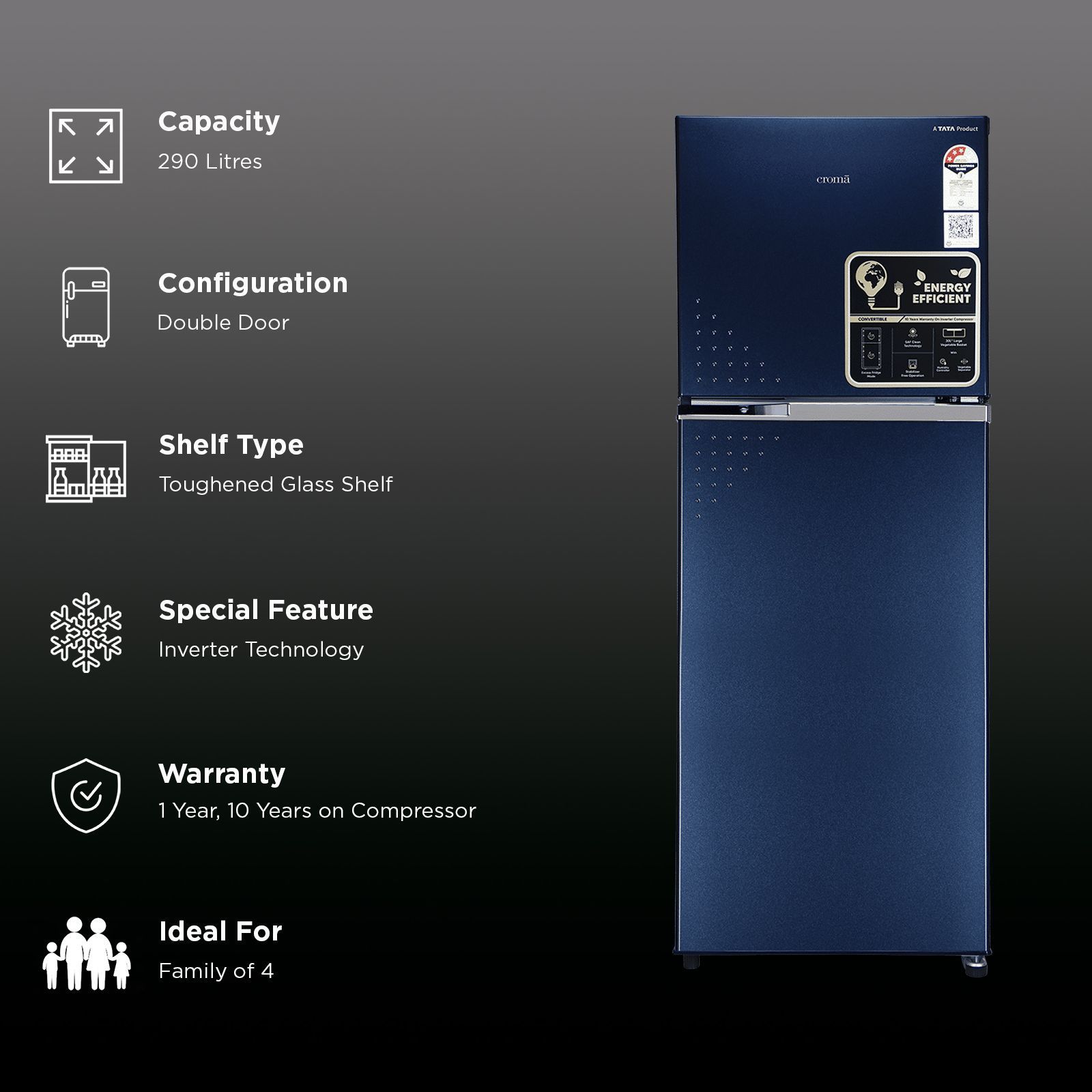 Croma 290 Litres 3 Star Frost Free Double Door Refrigerator with Inverter Technology (CRLR290FID276256, Ocean Blue)_2