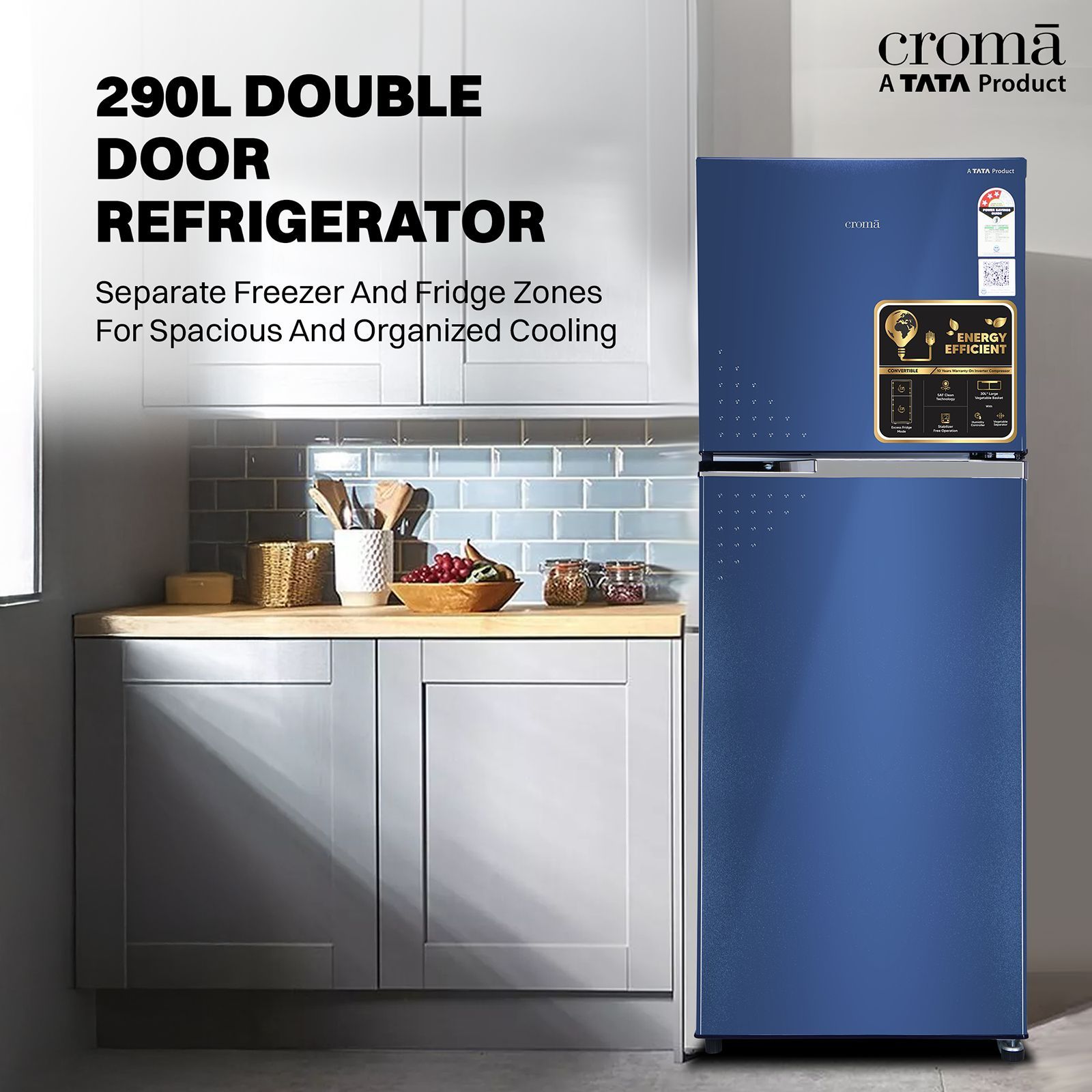 Croma 290 Litres 3 Star Frost Free Double Door Refrigerator with Inverter Technology (CRLR290FID276256, Ocean Blue) Croma 290 Litres 3 Star Frost Free Double Door Refrigerator with Inverter Technology (CRLR290FID276256, Ocean Blue)_4