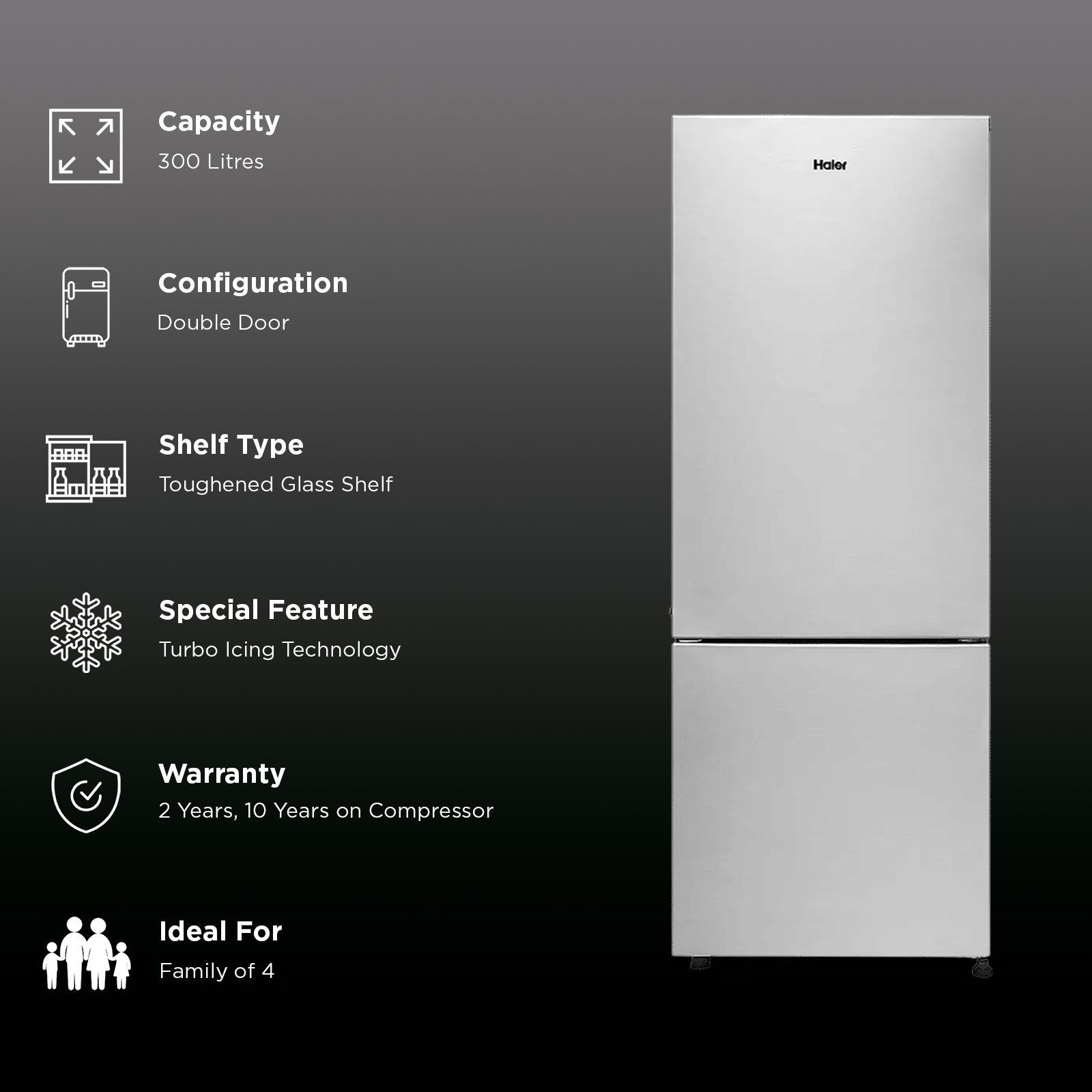 Haier 300 Litres 2 Star Frost Free Double Door Bottom Mount Refrigerator with Antibacterial Gasket (HRB-3502BS-P, Brushline Silver)_3