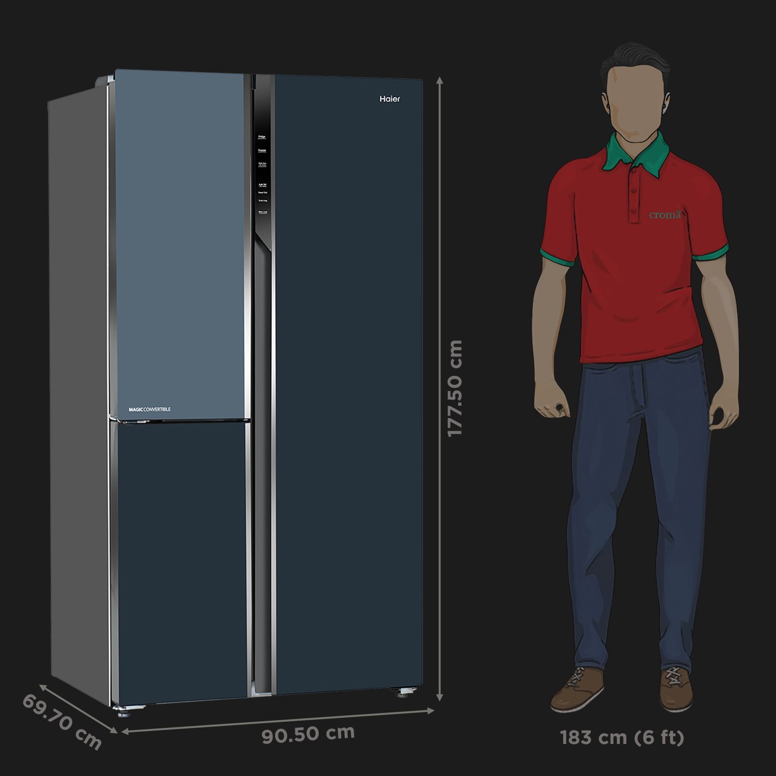 Haier Vogue Series 598 Litres 3 Star Frost Free Side by Side Door Smart Wifi Enabled Convertible Refrigerator with Deo Fresh Technology (HRT-683GOGU1, Grey Onyx Glass)_3