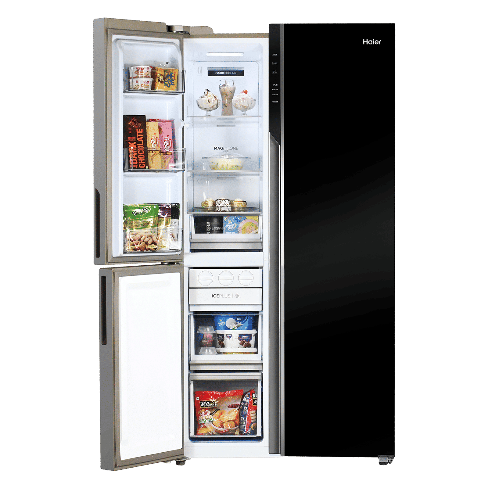 Haier Vogue Series 598 Litres 3 Star Frost Free Side by Side Door Smart Wifi Enabled Convertible Refrigerator with Deo Fresh Technology (HRT-683KWGU1, Black White Glass)_8