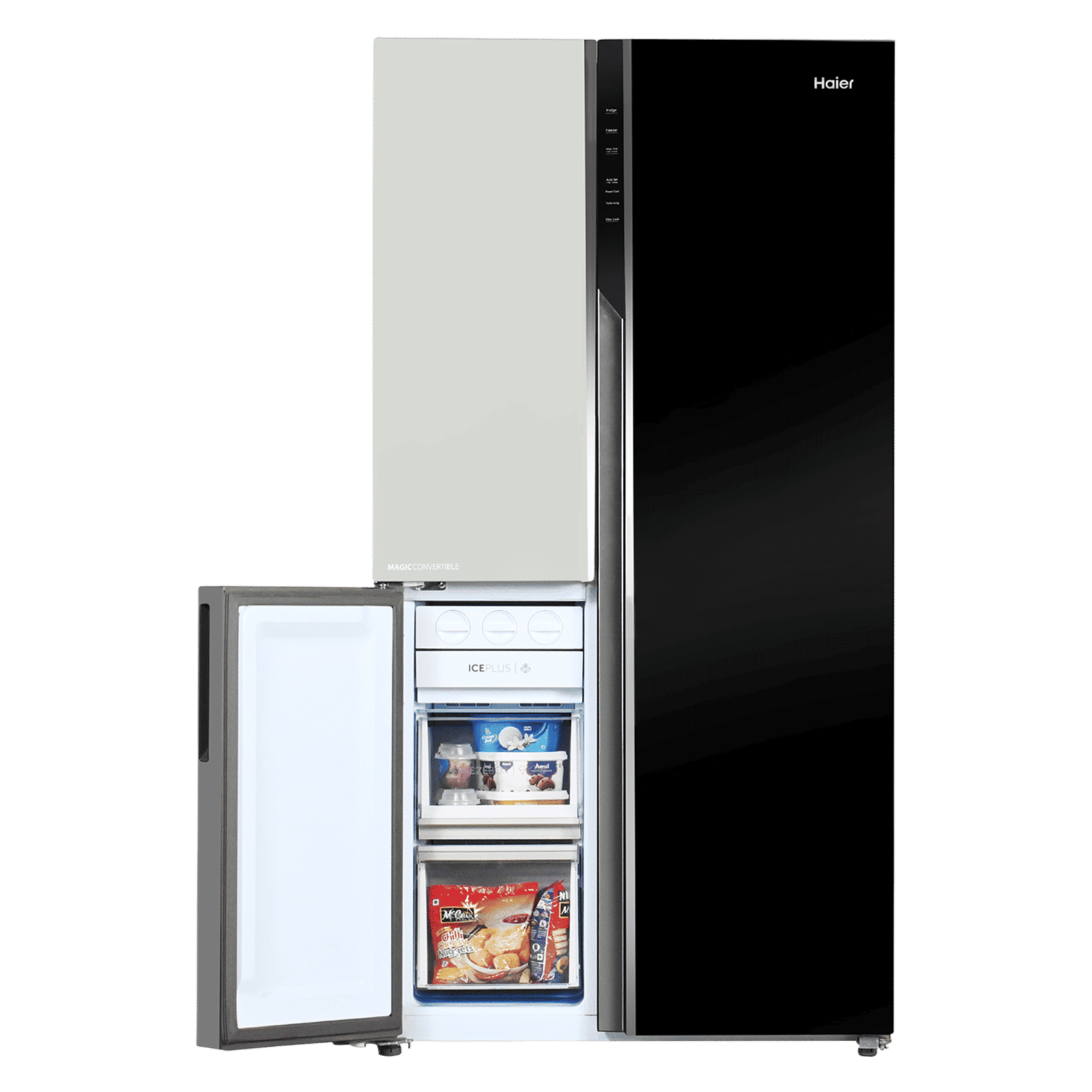 Haier Vogue Series 598 Litres 3 Star Frost Free Side by Side Door Smart Wifi Enabled Convertible Refrigerator with Deo Fresh Technology (HRT-683KWGU1, Black White Glass)_9