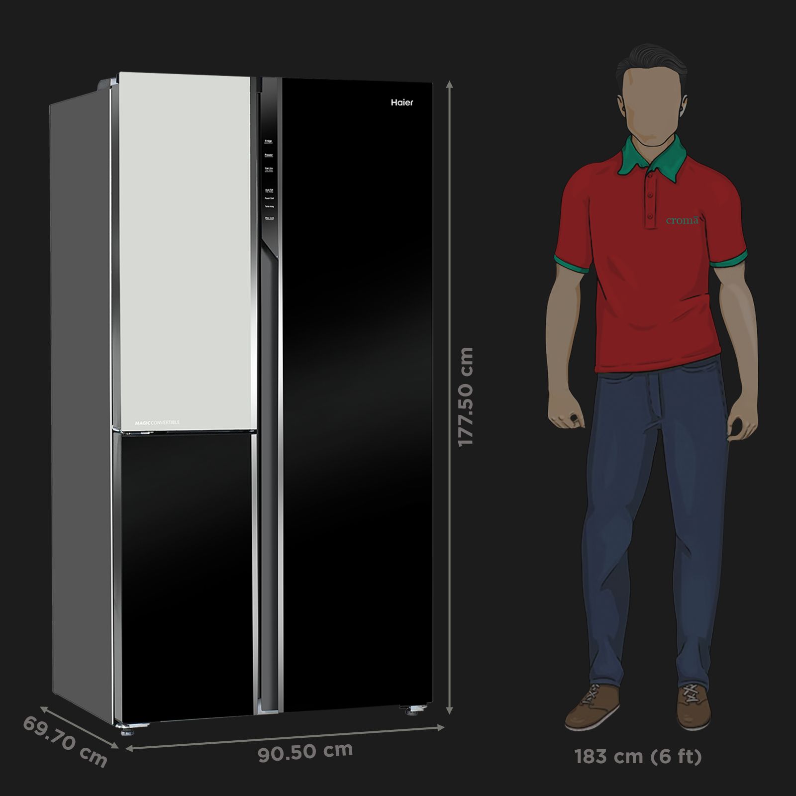 Haier Vogue Series 598 Litres 3 Star Frost Free Side by Side Door Smart Wifi Enabled Convertible Refrigerator with Deo Fresh Technology (HRT-683KWGU1, Black White Glass)_2
