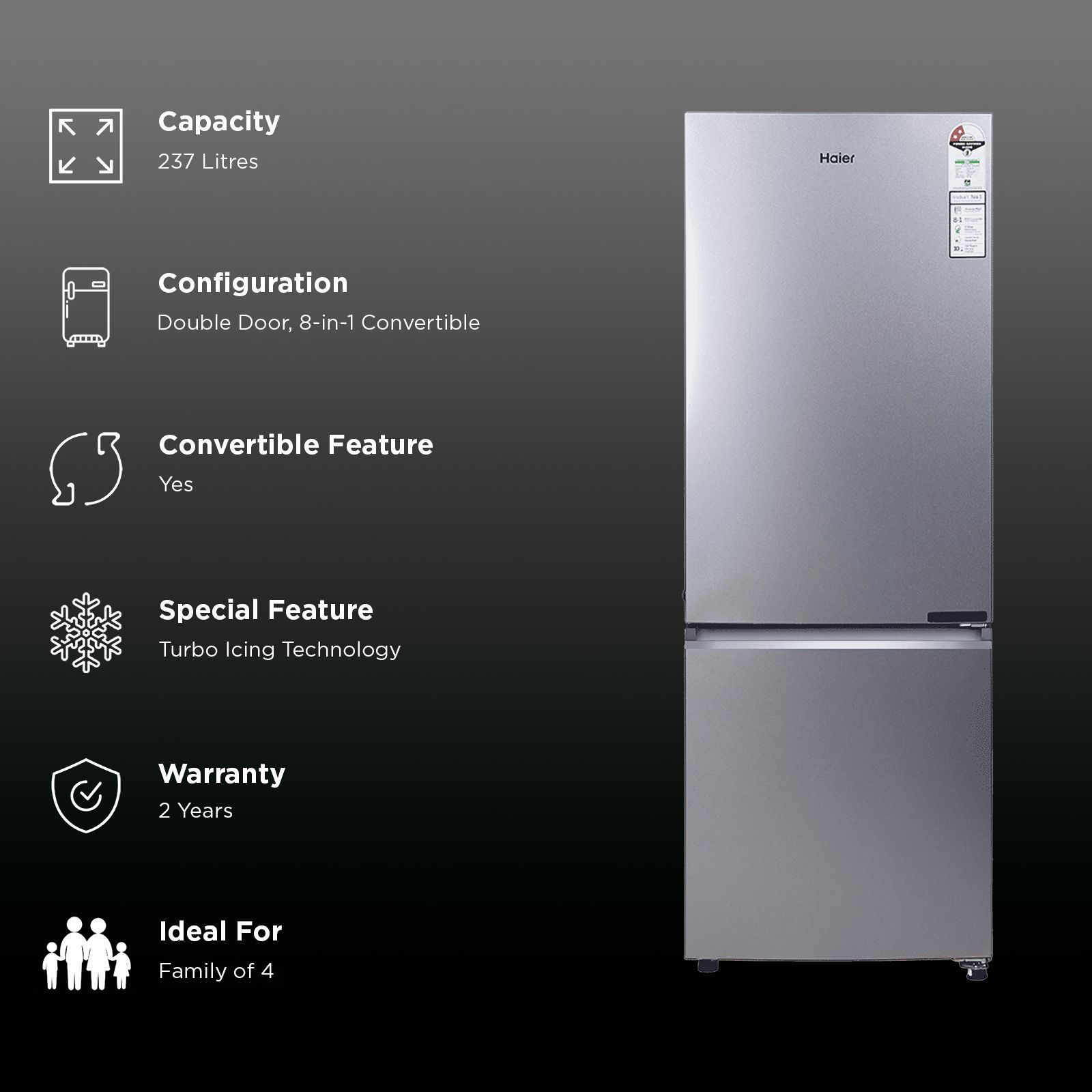 Haier 237 Litres 2 Star Frost Free Double Door Bottom Mount Convertible Refrigerator with Turbo Icing (HRB-2872IBMS-P, Moon Silver)_2