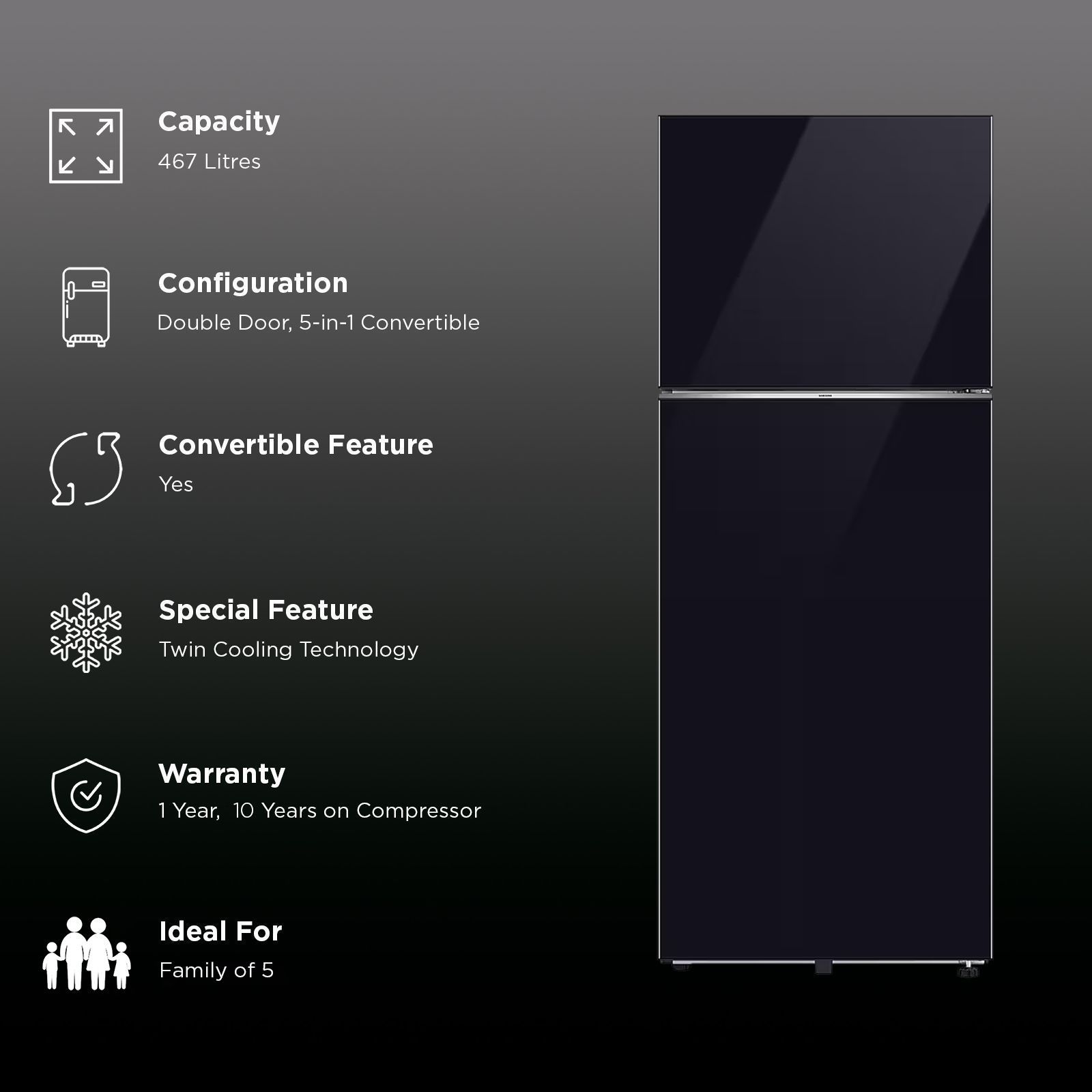 SAMSUNG 467 Litres 3 Star Frost Free Double Door Smart Wifi Enabled Refrigerator with Twin Cooling Plus Technology (RT80F51C3BHL, Black Glass) SAMSUNG 467 Litres 3 Star Frost Free Double Door Smart Wifi Enabled Refrigerator with Twin Cooling Plus Technology (RT80F51C3BHL, Black Glass)_3