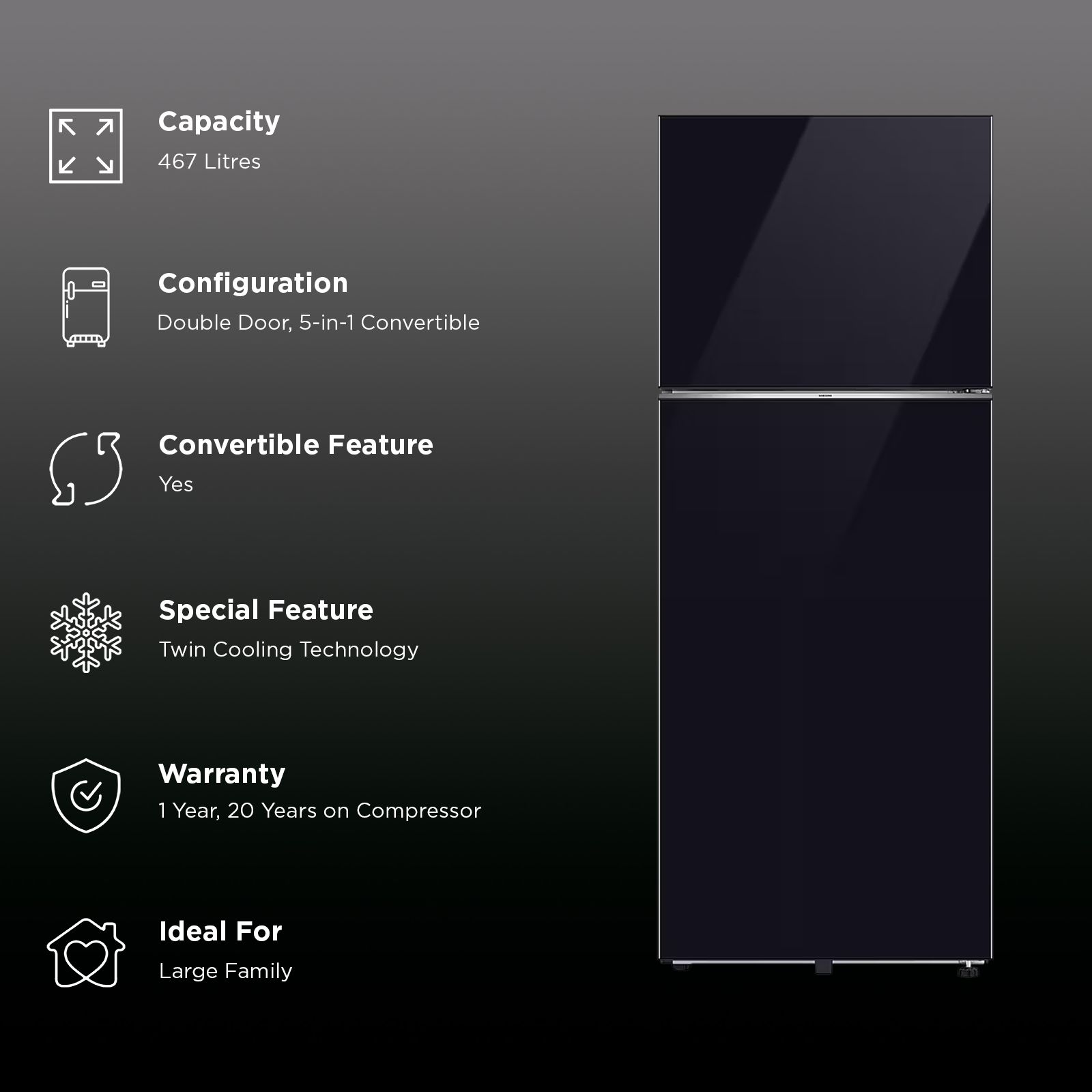 SAMSUNG 467 Litres 3 Star Frost Free Double Door Smart Wifi Enabled Refrigerator with Twin Cooling Plus Technology (RT80F51C3BHL, Black Glass)_3