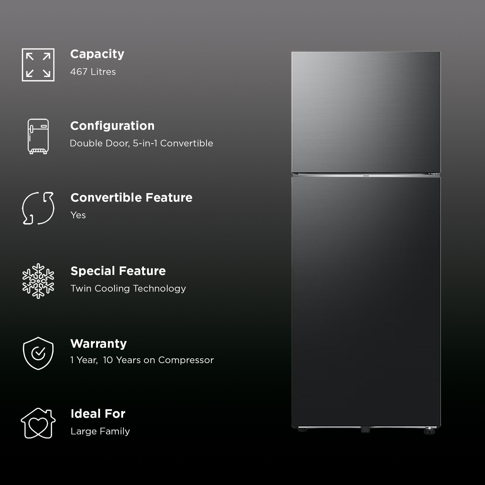 SAMSUNG 467 Litres 3 Star Frost Free Double Door Smart Wifi Enabled Refrigerator with Bespoke AI (RT80F51C3KHL, Luxe Black)_3