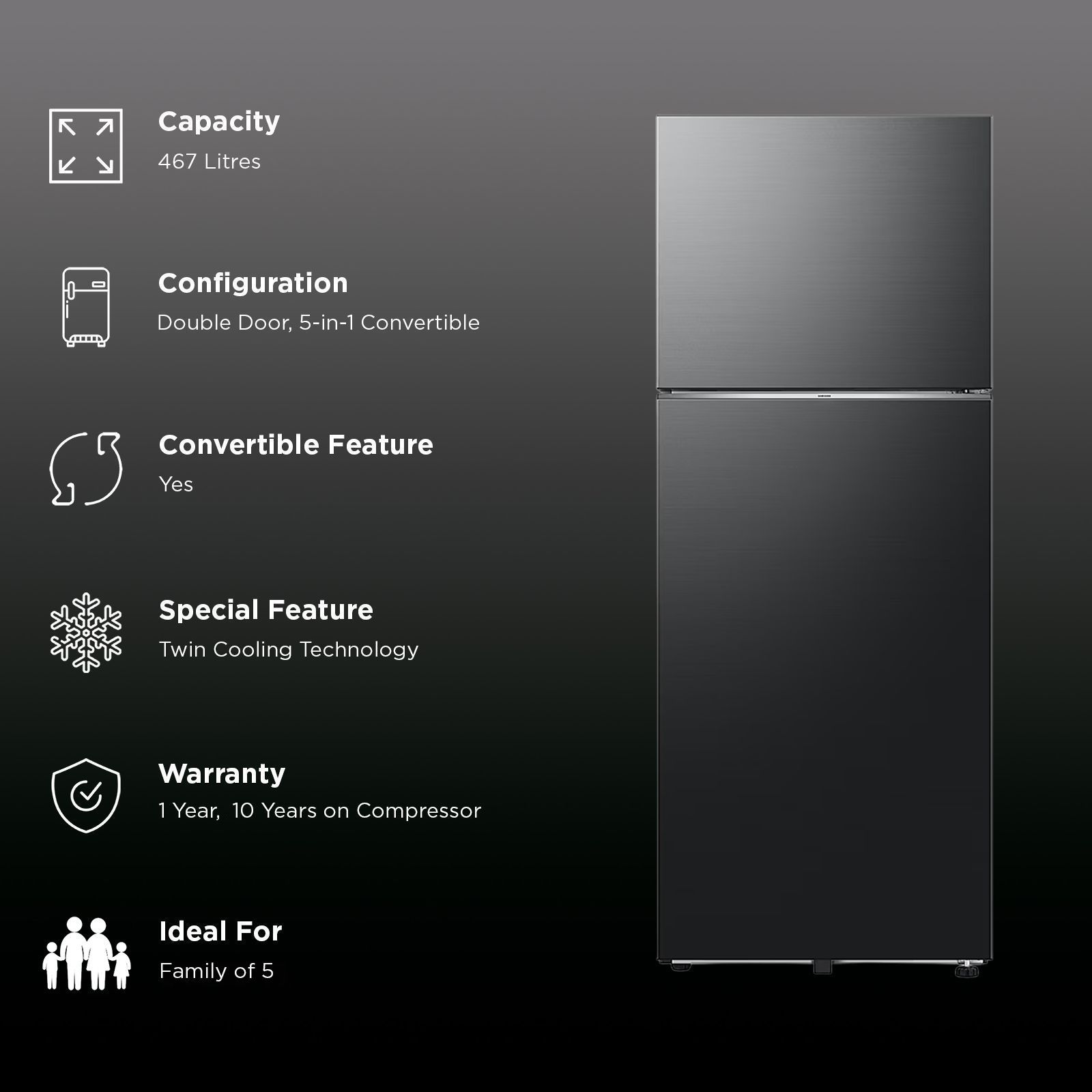 SAMSUNG 467 Litres 3 Star Frost Free Double Door Smart Wifi Enabled Refrigerator with Bespoke AI (RT80F51C3KHL, Luxe Black)_3