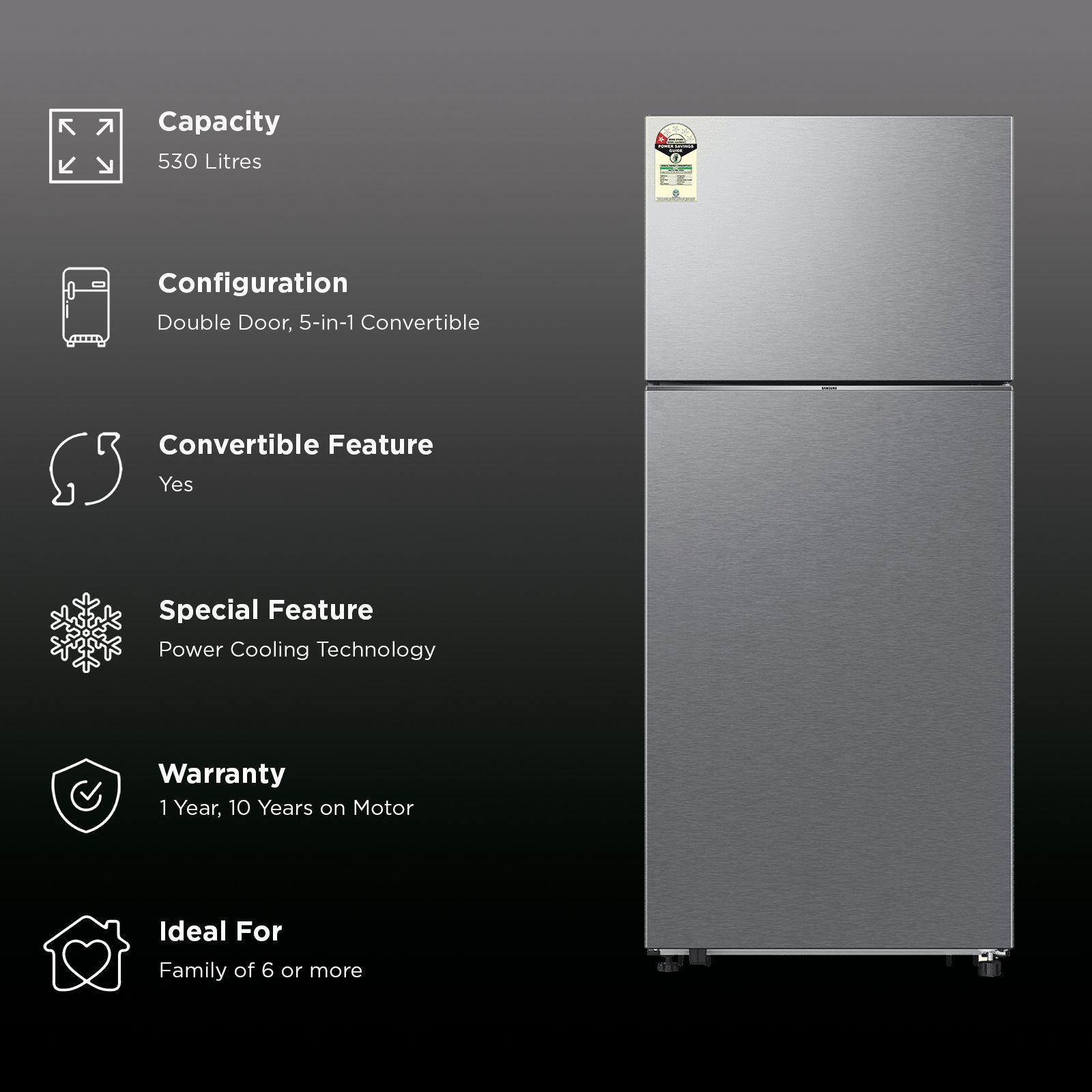 SAMSUNG Bespoke 530 Litres 1 Star Frost Free Double Door Convertible Refrigerator with Power Cool Technology (RT56DG7A6ASLTL, Real Stainless)_3