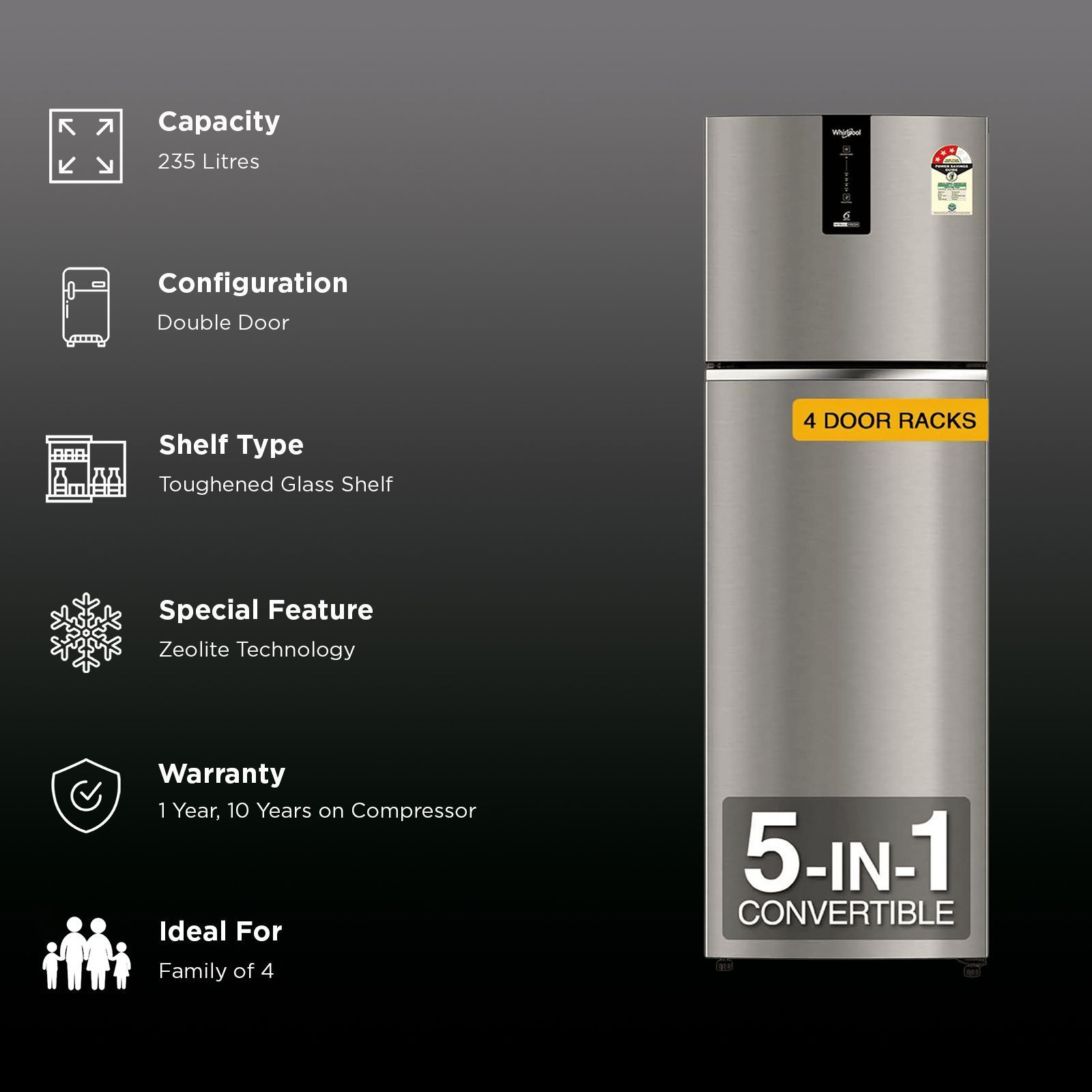 Whirlpool Intellifresh 235 Litres 3 Star Frost Free Double Door Convertible Refrigerator with 6th Sense Technology (22139, Grey)_3