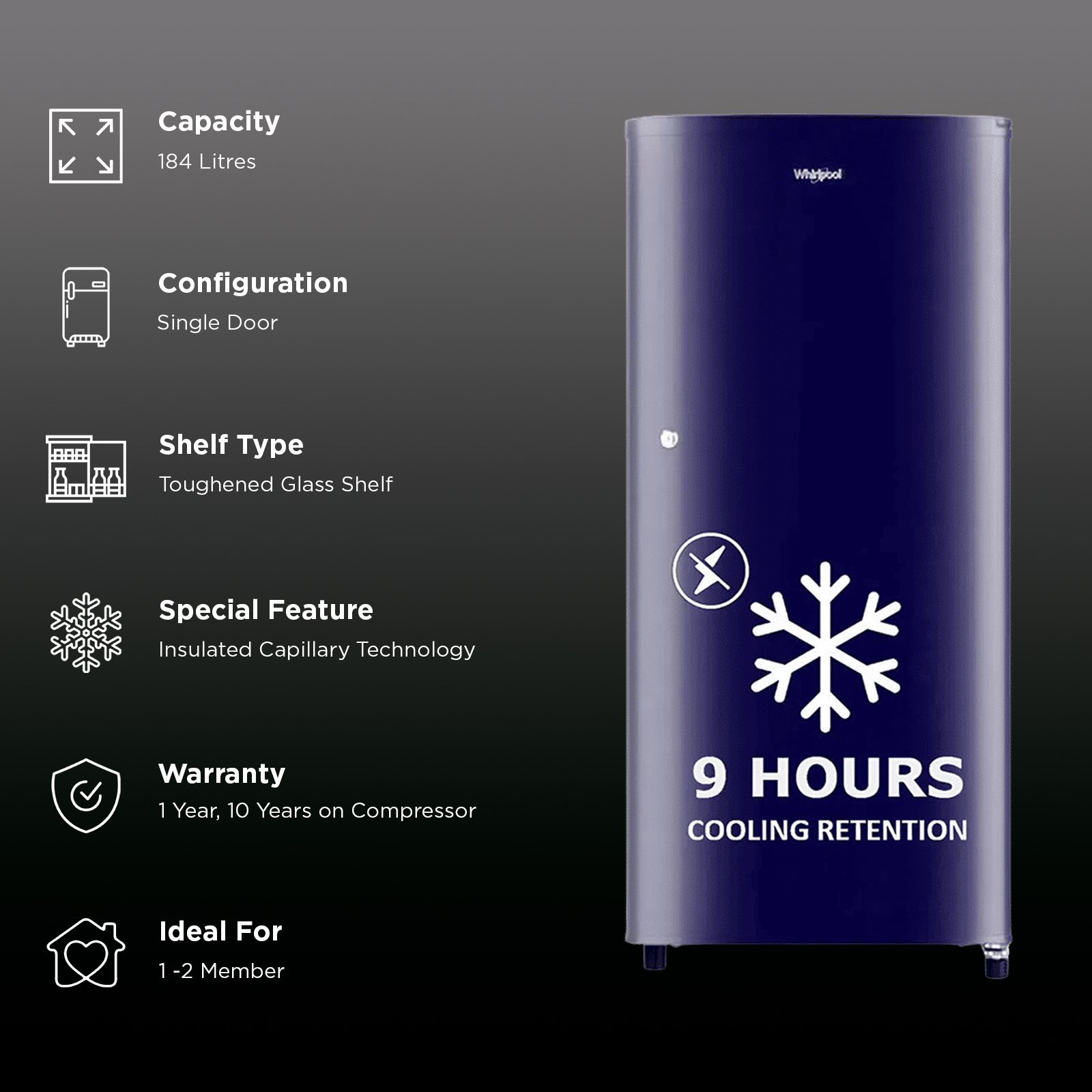 Whirlpool WDE 184 Litres 3 Star Direct Cool Single Door Refrigerator with Antibacterial Gasket (72684, Sapphire Blue)_3