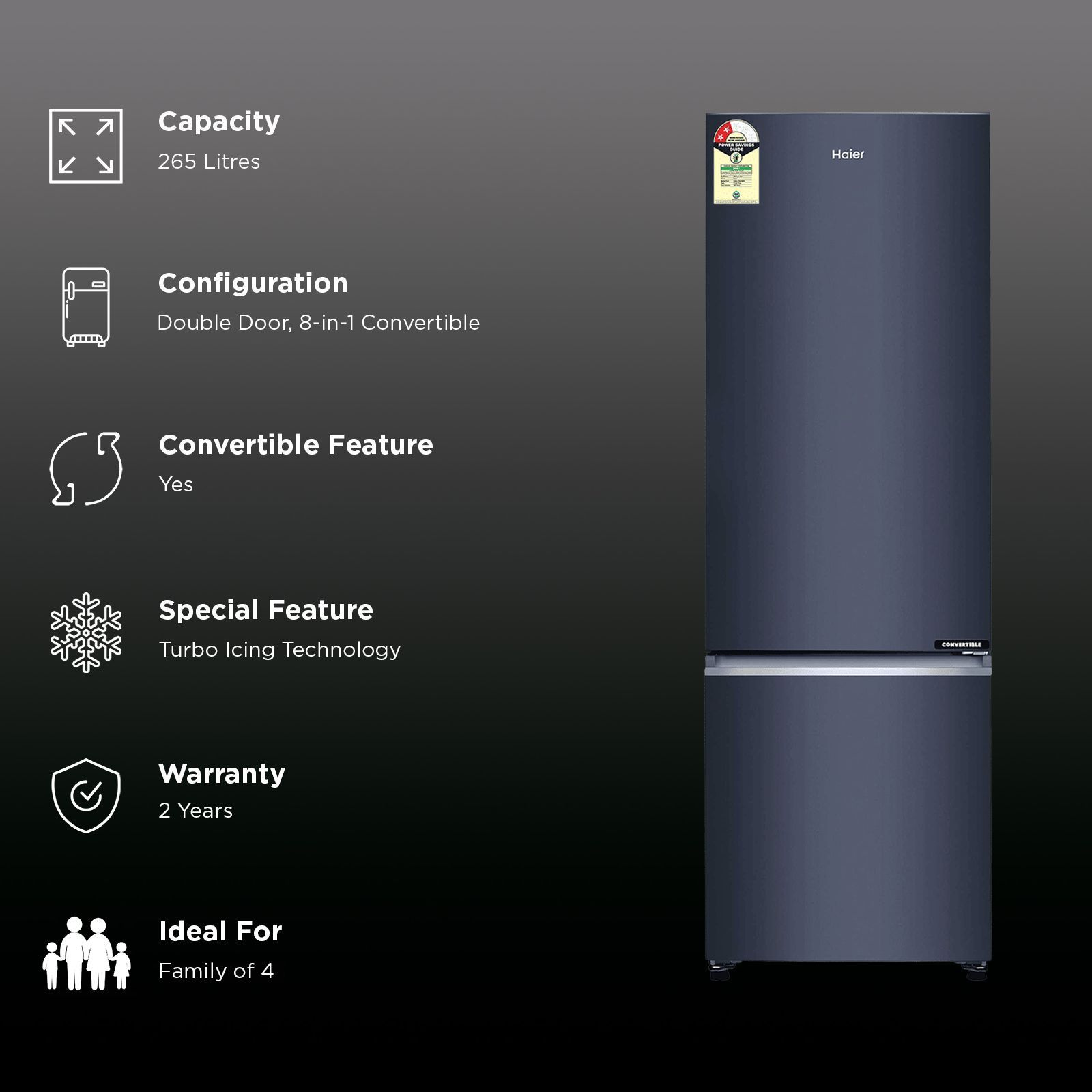 Haier 265 Litres 2 Star Frost Free Double Door Bottom Mount Convertible Refrigerator with Turbo Icing Technology (HRB-3152IBGK-P, Graphite Black) Haier 265 Litres 2 Star Frost Free Double Door Bottom Mount Convertible Refrigerator with Turbo Icing Technology (HRB-3152IBGK-P, Graphite Black)_2